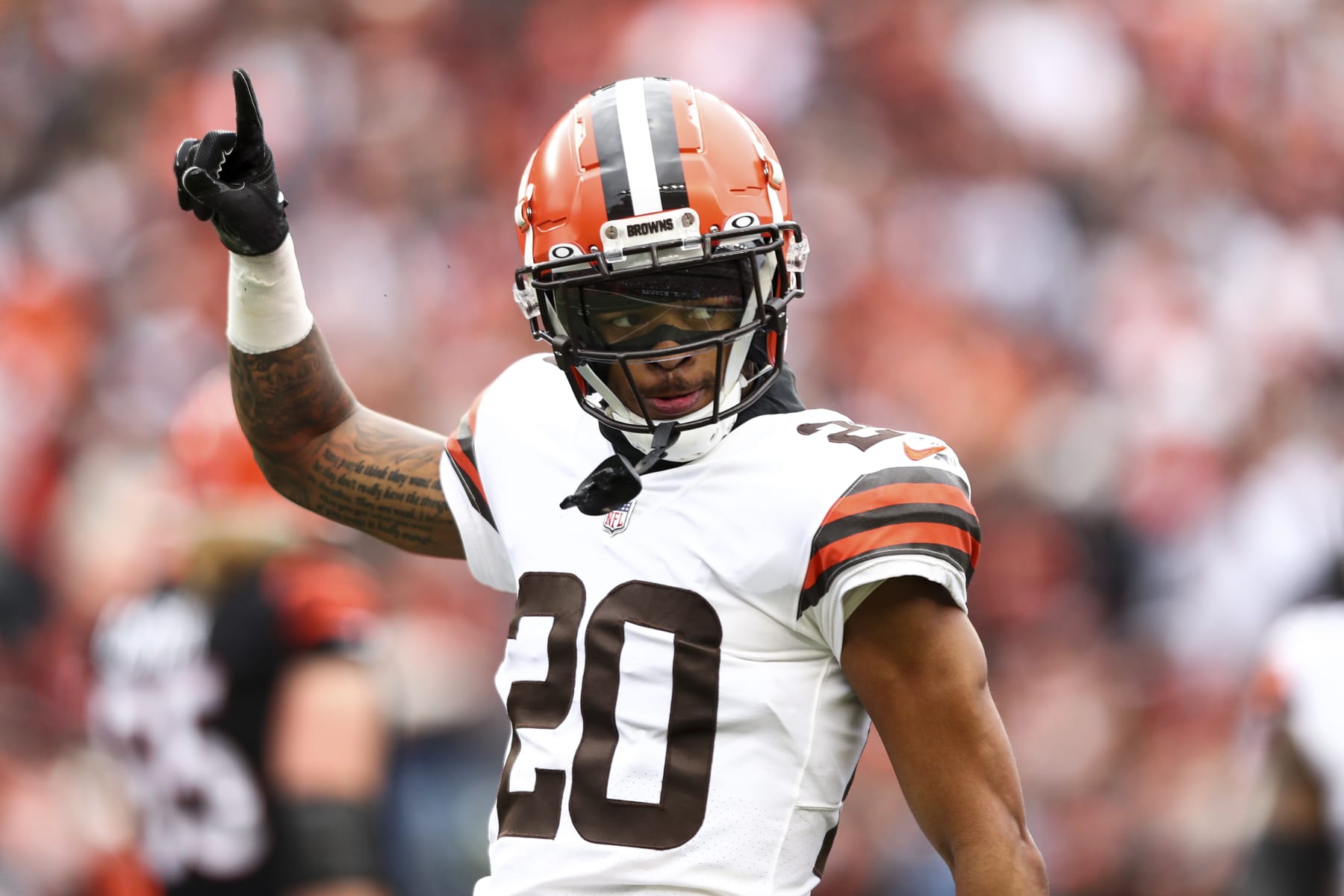 CINCINNATI, OH - DECEMBER 11: Greg Newsome II #20 of the Cleveland Browns celebrates after a play during the second quarter of an NFL football game against the Cincinnati Bengals at Paycor Stadium on December 11, 2022 in Cincinnati, Ohio. (Photo by Kevin Sabitus/Getty Images)