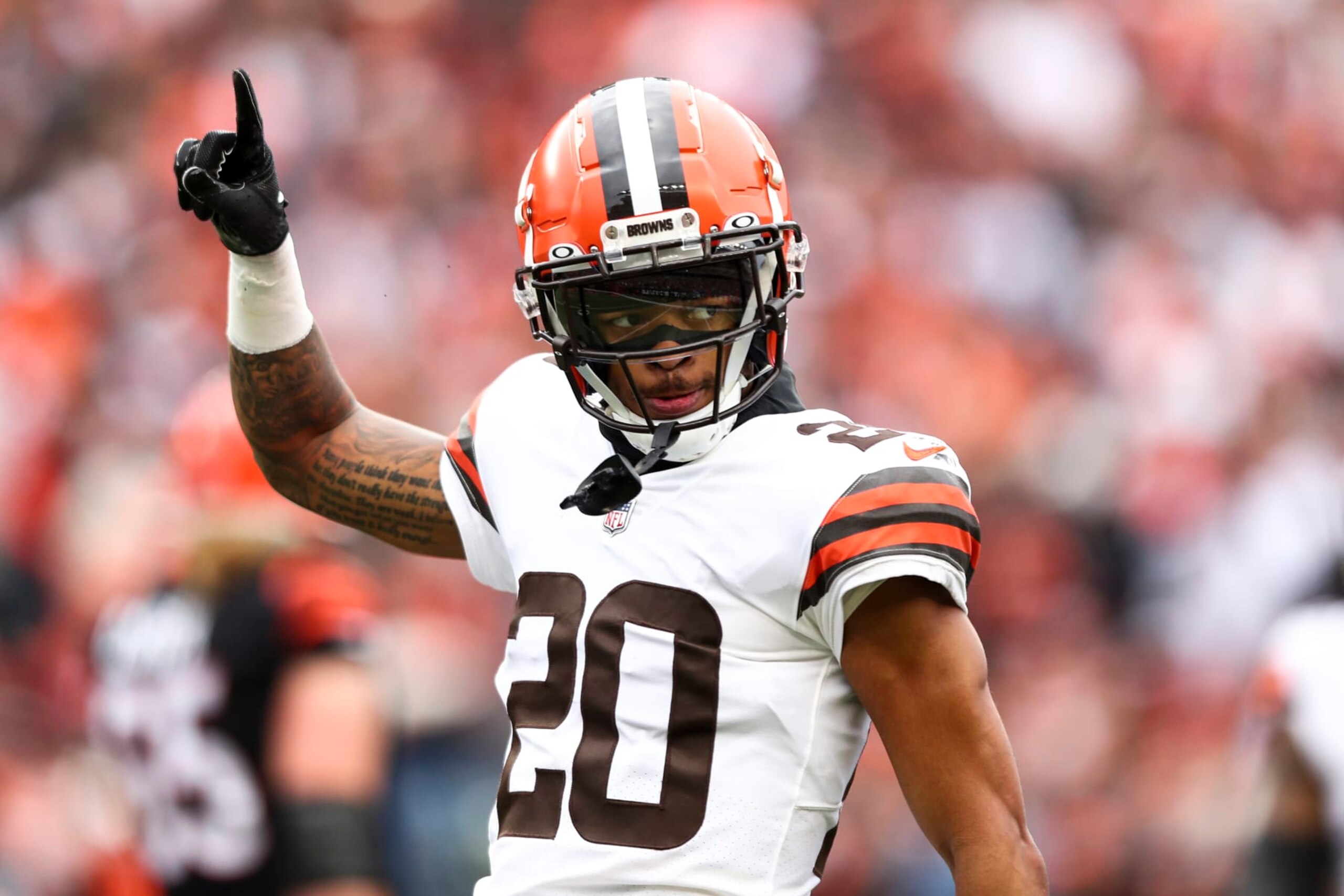 CINCINNATI, OH - DECEMBER 11: Greg Newsome II #20 of the Cleveland Browns celebrates after a play during the second quarter of an NFL football game against the Cincinnati Bengals at Paycor Stadium on December 11, 2022 in Cincinnati, Ohio. (Photo by Kevin Sabitus/Getty Images)