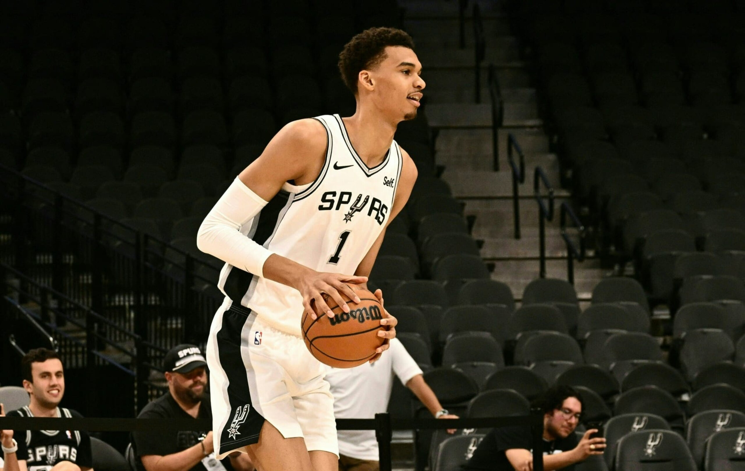 French basketball player Victor Wembanyama demonstrates his skills following a news conference introducing the Spurs 2023 Draft Class, at the AT&T Center in San Antonio, Texas, on June 24, 2023. (Photo by Patrick T. Fallon / AFP) (Photo by PATRICK T. FALLON/AFP via Getty Images)