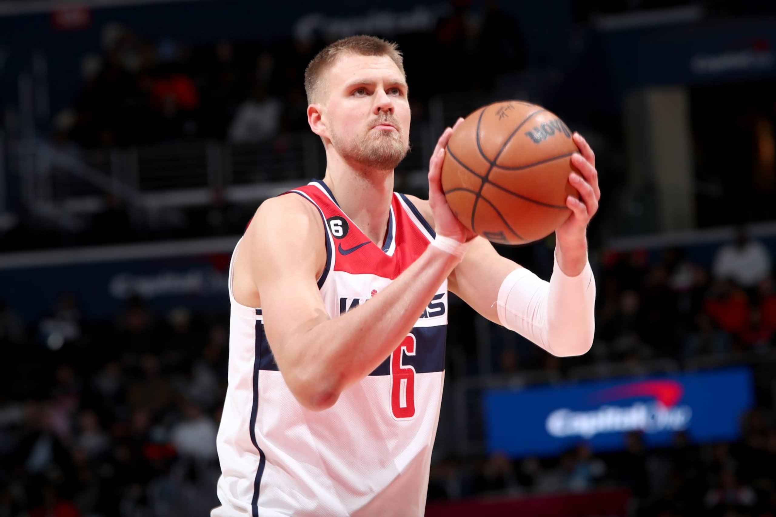 WASHINGTON, DC - MARCH 14: Kristaps Porzingis #6 of the Washington Wizards prepares to shoot a free throw during the game against the Detroit Pistons on March 14, 2023 at Capital One Arena in Washington, DC. NOTE TO USER: User expressly acknowledges and agrees that, by downloading and or using this Photograph, user is consenting to the terms and conditions of the Getty Images License Agreement. Mandatory Copyright Notice: Copyright 2023 NBAE (Photo by Kenny Giarla/NBAE via Getty Images) WASHINGTON, DC - MARCH 14: Kristaps Porzingis #6 of the Washington Wizards prepares to shoot a free throw during the game against the Detroit Pistons on March 14, 2023 at Capital One Arena in Washington, DC. NOTE TO USER: User expressly acknowledges and agrees that, by downloading and or using this Photograph, user is consenting to the terms and conditions of the Getty Images License Agreement. Mandatory Copyright Notice: Copyright 2023 NBAE (Photo by Kenny Giarla/NBAE via Getty Images)
