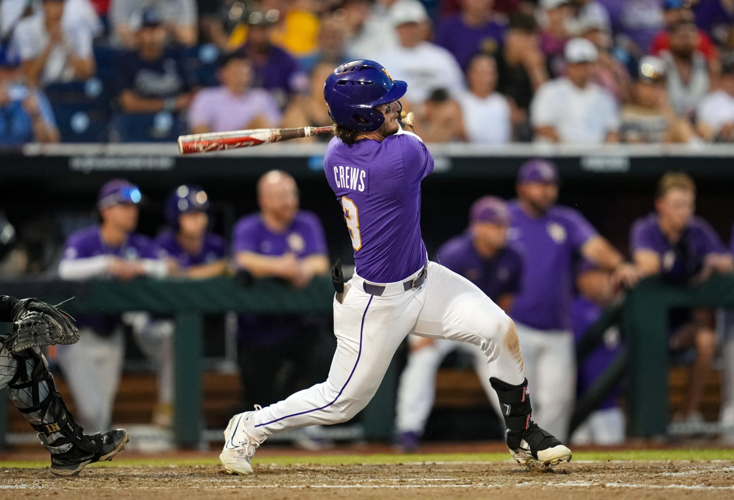 OMAHA, NEBRASKA - JUNE 22: Dylan Crews #3 of the LSU Tigers hits a single during the 11th inning against the Wake Forest Demon Deacons at Charles Schwab Field on June 22, 2023 in Omaha, Nebraska. LSU Tigers defeated Wake Forest Demon Deacons to advance to the NCAA College World Series Finals. (Photo by Jay Biggerstaff/Getty Images)