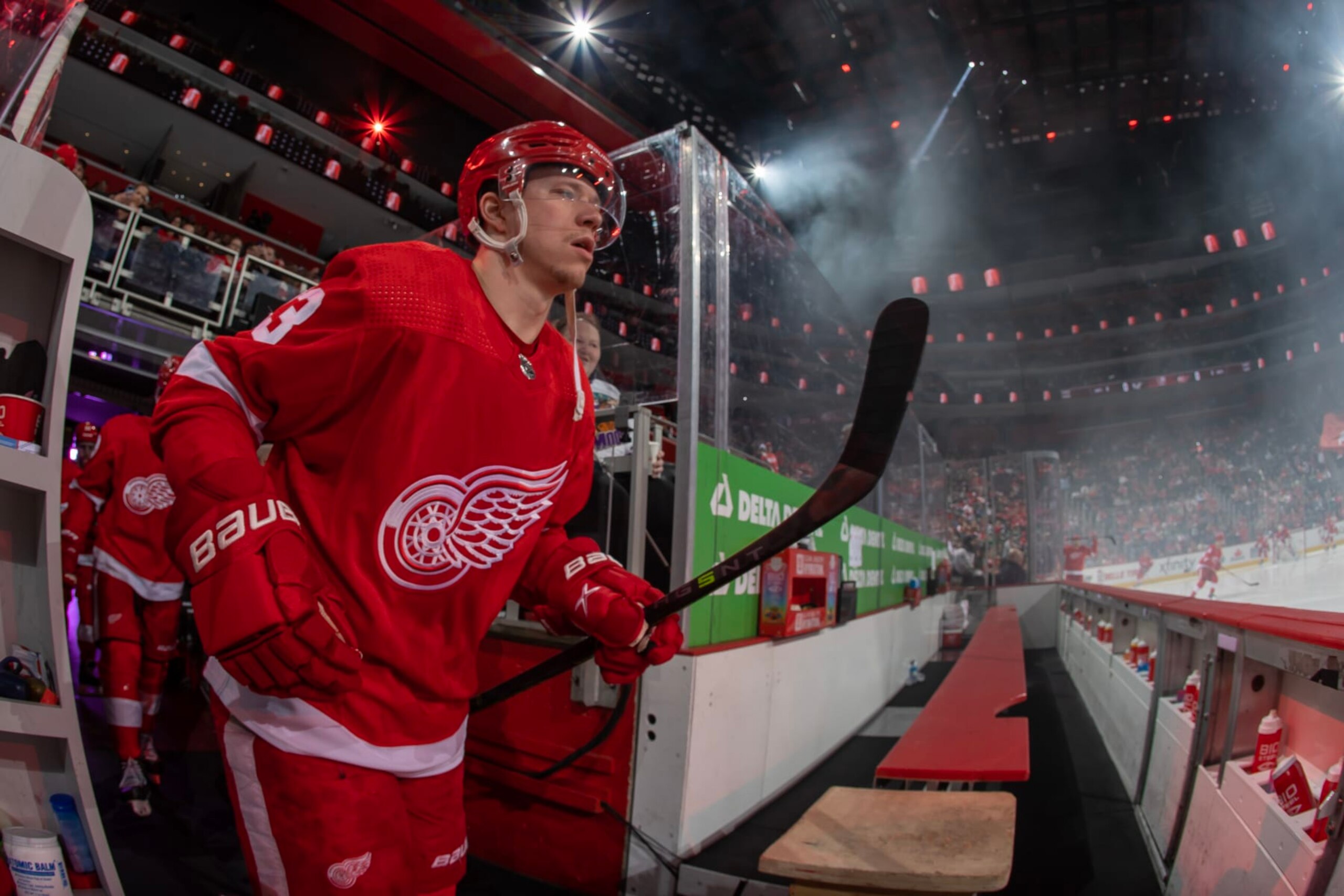 DETROIT, MI - APRIL 10: Lucas Raymond #23 of the Detroit Red Wings heads out to the rink for warm ups before the start of the first period of an NHL game against the Dallas Stars at Little Caesars Arena on April 10, 2023 in Detroit, Michigan. Dallas defeated Detroit 6-1. (Photo by Dave Reginek/NHLI via Getty Images)