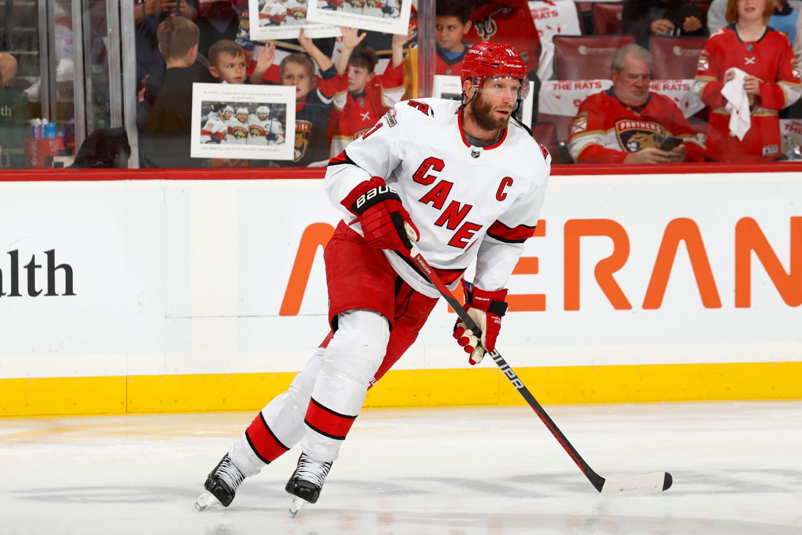 SUNRISE, FLORIDA - MAY 24: Jordan Staal #11 of the Carolina Hurricanes warms up on the ice prior to the start of the game against the Florida Panthers in Game Four of the Eastern Conference Final of the 2023 Stanley Cup Playoffs at the FLA Live Arena on May 24, 2023 in Sunrise, Florida. (Photo by Eliot J. Schechter/NHLI via Getty Images)