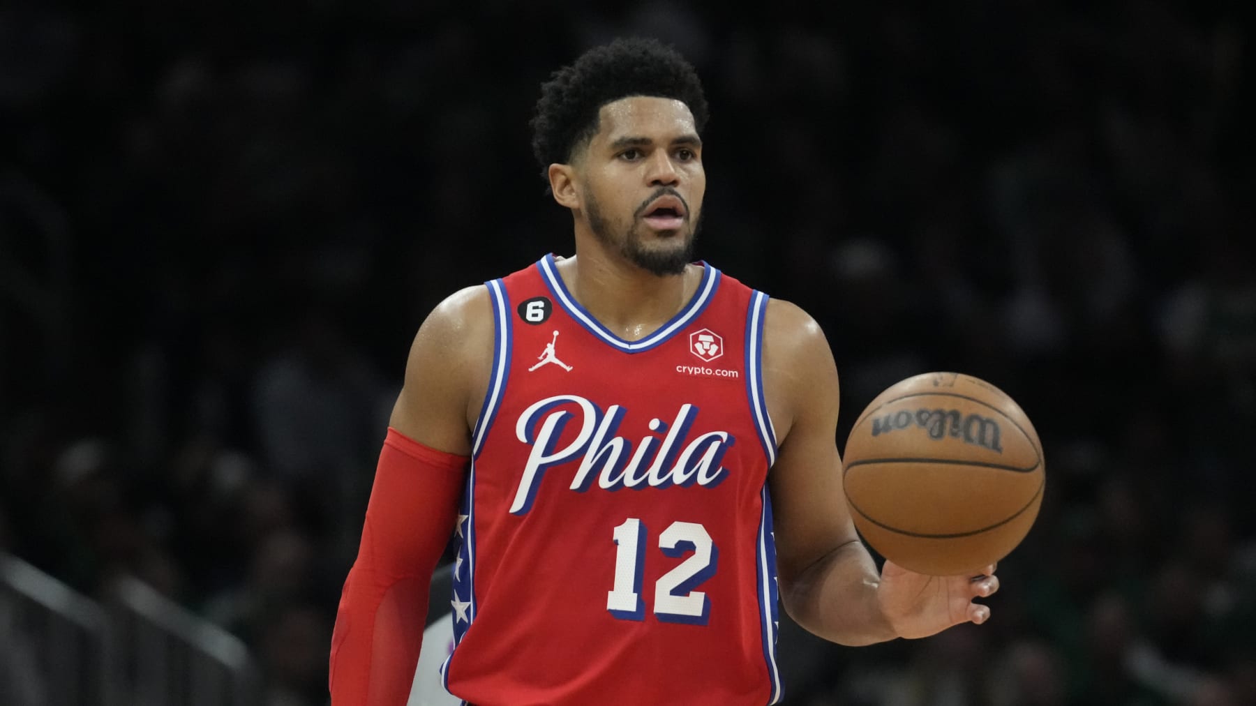 Philadelphia 76ers forward Tobias Harris (12) during Game 1 in the NBA basketball Eastern Conference semifinals playoff series, Monday, May 1, 2023, in Boston. (AP Photo/Charles Krupa)