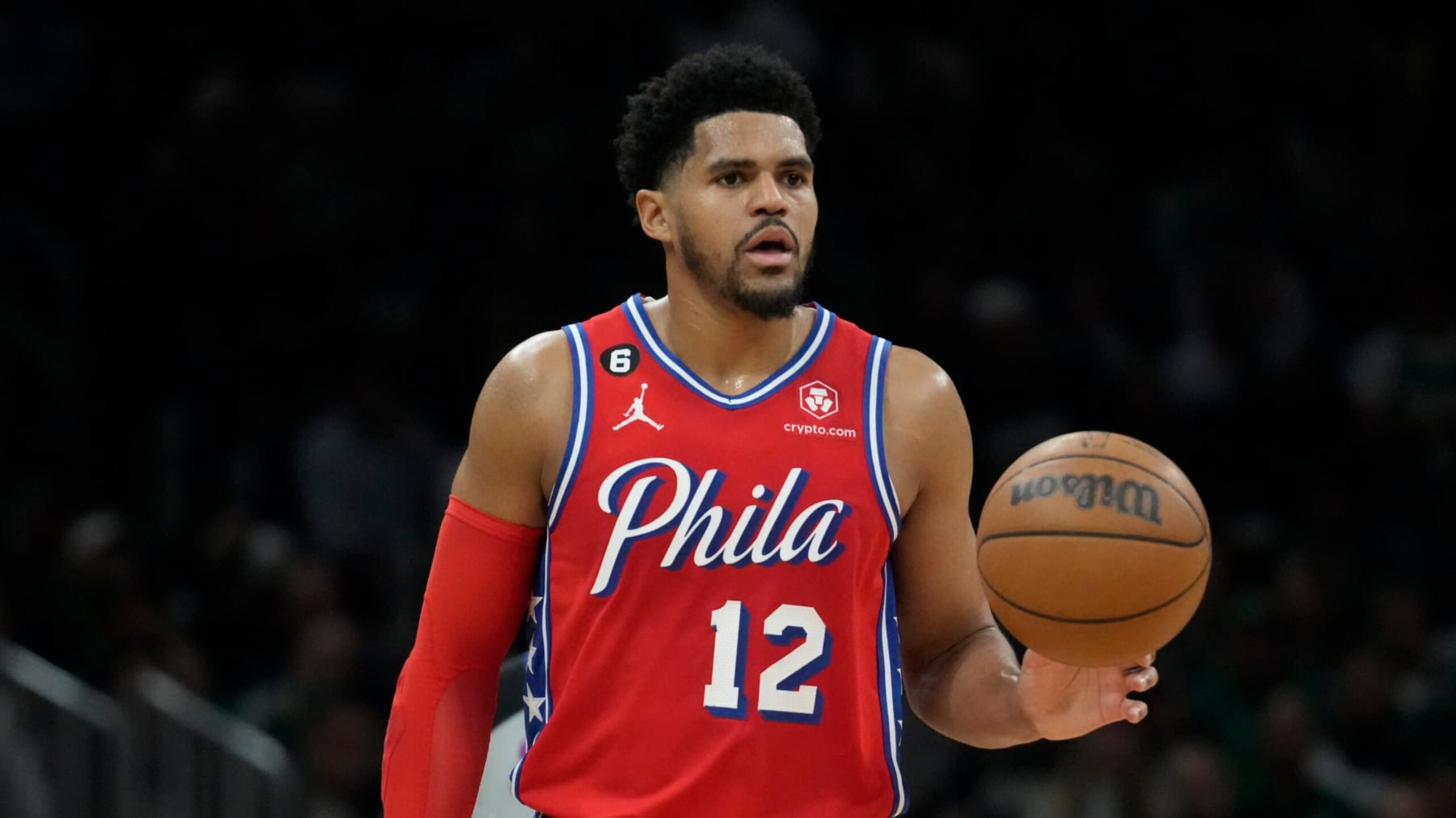 Philadelphia 76ers forward Tobias Harris (12) during Game 1 in the NBA basketball Eastern Conference semifinals playoff series, Monday, May 1, 2023, in Boston. (AP Photo/Charles Krupa)