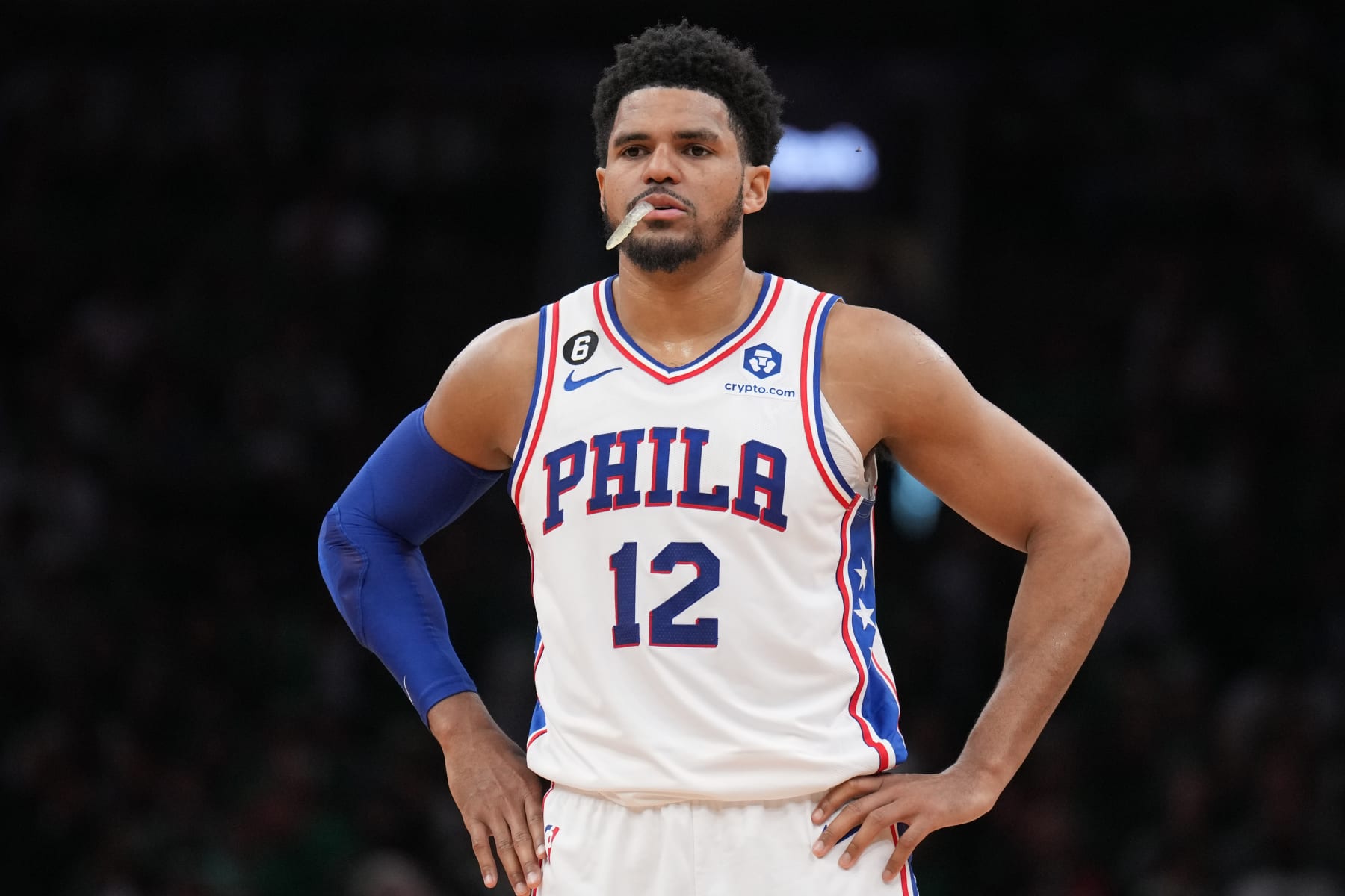 BOSTON, MA - MAY 14: Tobias Harris #12 of the Philadelphia 76ers looks on during Game Seven of the Eastern Conference Semi-Finals of the 2023 NBA Playoffs against the Boston Celtics on May 14, 2023 at the TD Garden in Boston, Massachusetts. NOTE TO USER: User expressly acknowledges and agrees that, by downloading and or using this photograph, User is consenting to the terms and conditions of the Getty Images License Agreement. Mandatory Copyright Notice: Copyright 2023 NBAE  (Photo by Jesse D. Garrabrant/NBAE via Getty Images)