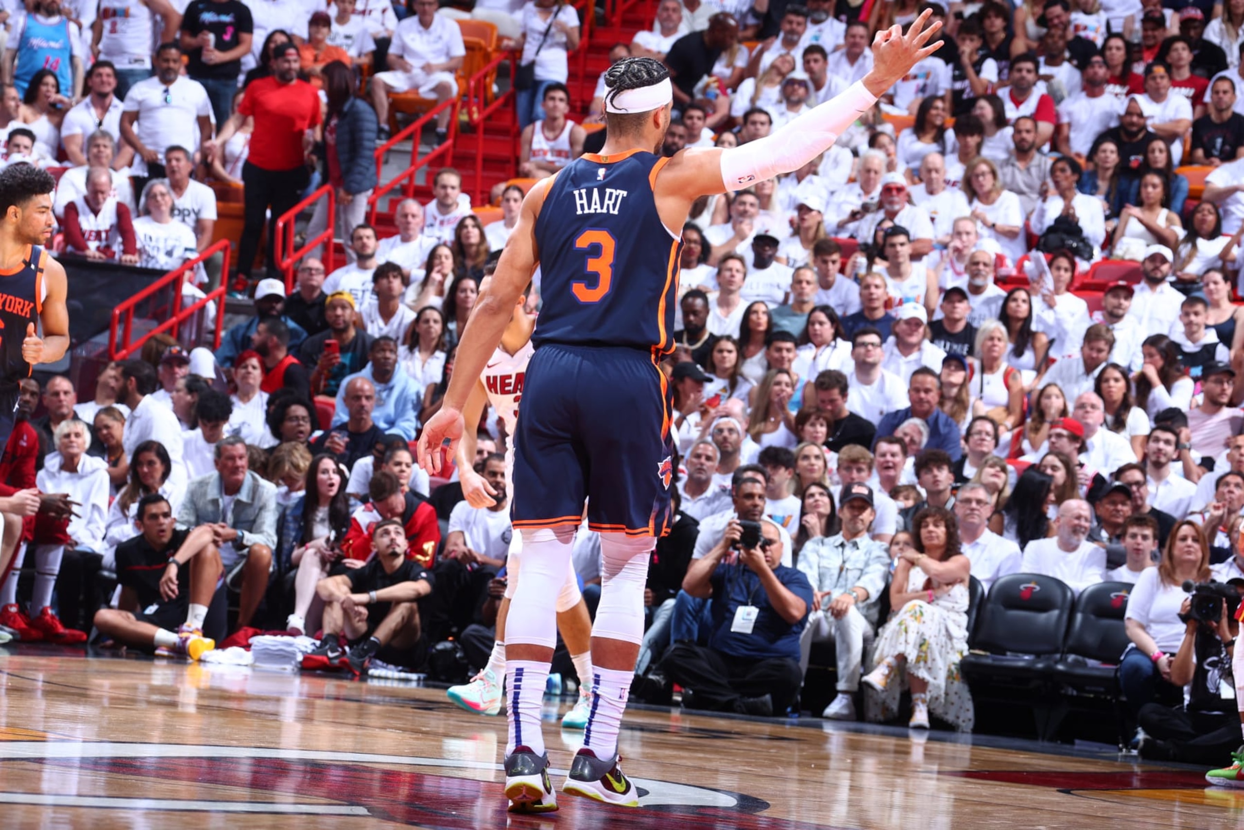 MIAMI, FL - MAY 12: Josh Hart #3 of the New York Knicks looks on during the game during the game against the Miami Heat during Game 6 of the 2023 NBA Playoffs Eastern Conference semi-finals on May 12, 2023 at Kaseya Center in Miami, Florida. NOTE TO USER: User expressly acknowledges and agrees that, by downloading and or using this Photograph, user is consenting to the terms and conditions of the Getty Images License Agreement. Mandatory Copyright Notice: Copyright 2023 NBAE (Photo by Nathaniel S. Butler/NBAE via Getty Images)