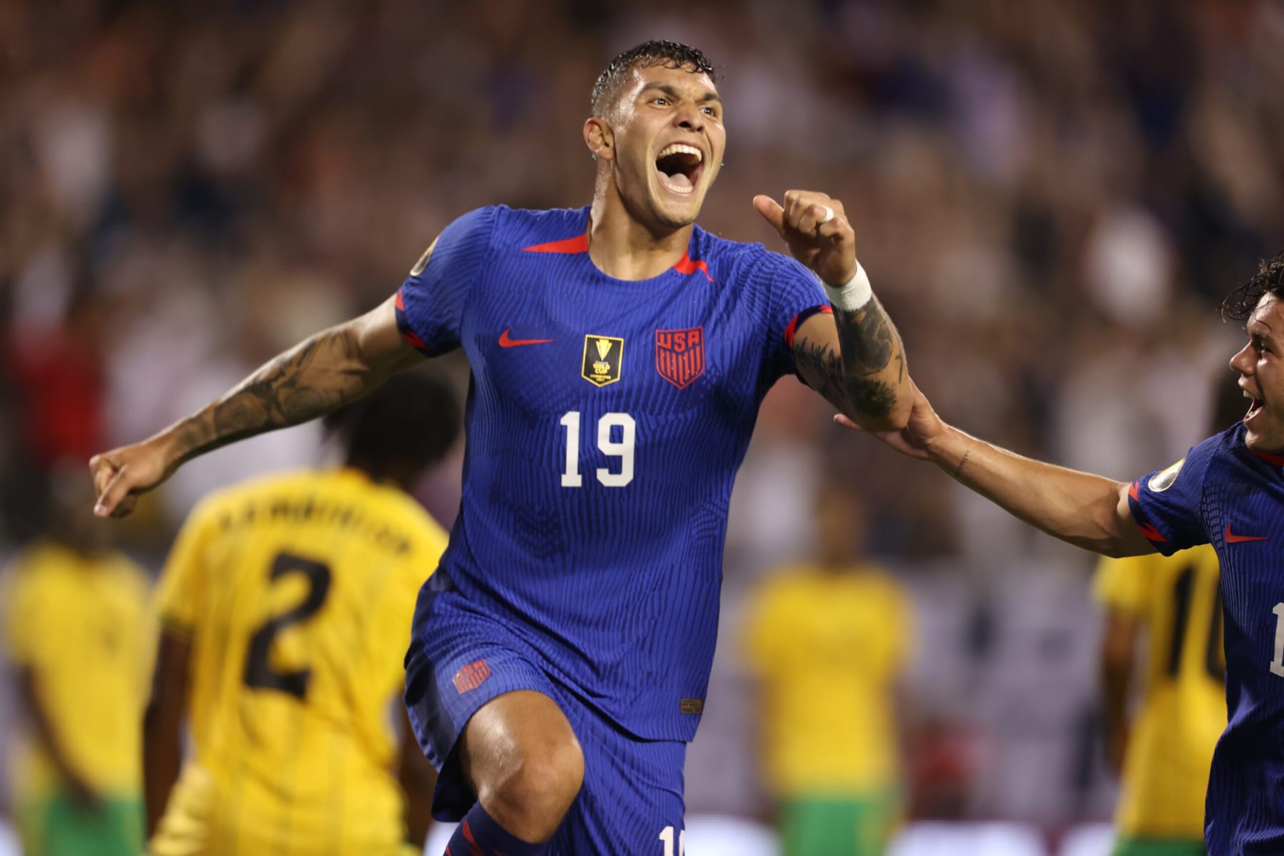 CHICAGO, IL - JUNE 24: Brandon Vazquez #19 of United States celebrates after scoring his team's first goal during the Group A match between United States and Jamaica as part of the 2023 CONCACAF Gold Cup at Soldier Field on June 24, 2023 in Chicago, Illinois. (Photo by Omar Vega/Getty Images) CHICAGO, IL - JUNE 24: Brandon Vazquez #19 of United States celebrates after scoring his team's first goal during the Group A match between United States and Jamaica as part of the 2023 CONCACAF Gold Cup at Soldier Field on June 24, 2023 in Chicago, Illinois. (Photo by Omar Vega/Getty Images)