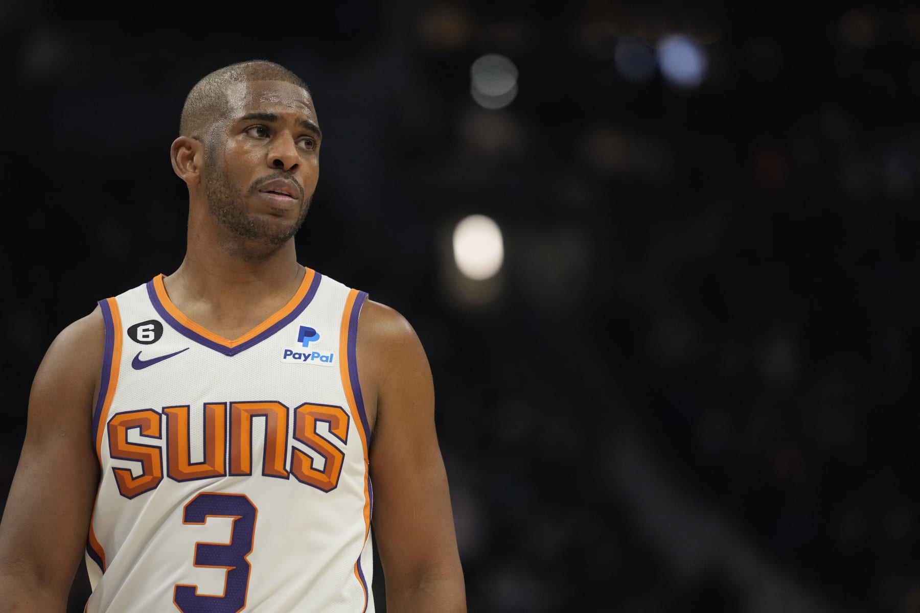 MILWAUKEE, WISCONSIN - FEBRUARY 26: Chris Paul #3 of the Phoenix Suns looks on in the second half against the Milwaukee Bucks at Fiserv Forum on February 26, 2023 in Milwaukee, Wisconsin. NOTE TO USER: User expressly acknowledges and agrees that, by downloading and or using this photograph, user is consenting to the terms and conditions of the Getty Images License Agreement. (Photo by Patrick McDermott/Getty Images)