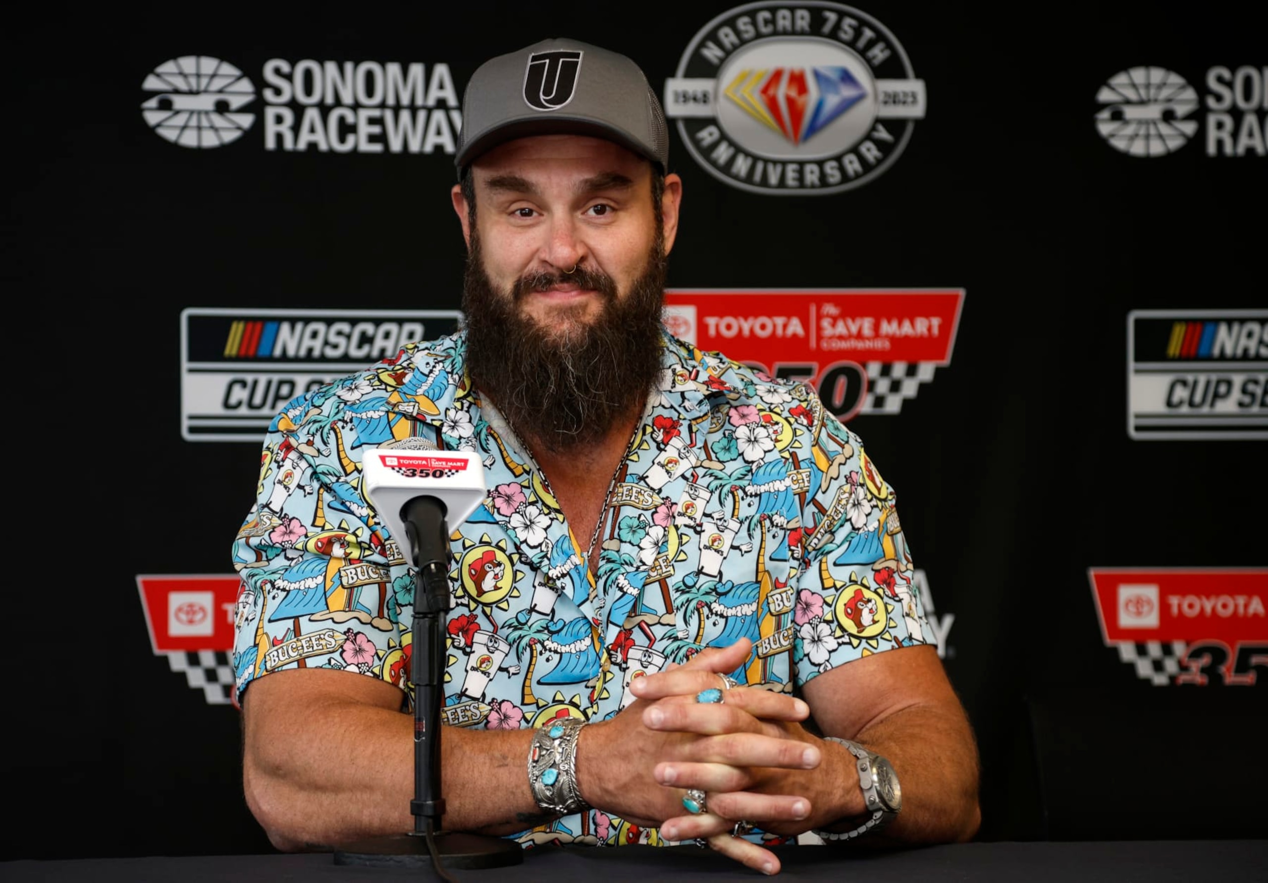 SONOMA, CALIFORNIA - JUNE 11: WWE wrestler Braun Strowman speaks  to the media during a press conference prior to the NASCAR Cup Series Toyota / Save Mart 350 at Sonoma Raceway on June 11, 2023 in Sonoma, California. (Photo by Sean Gardner/Getty Images)