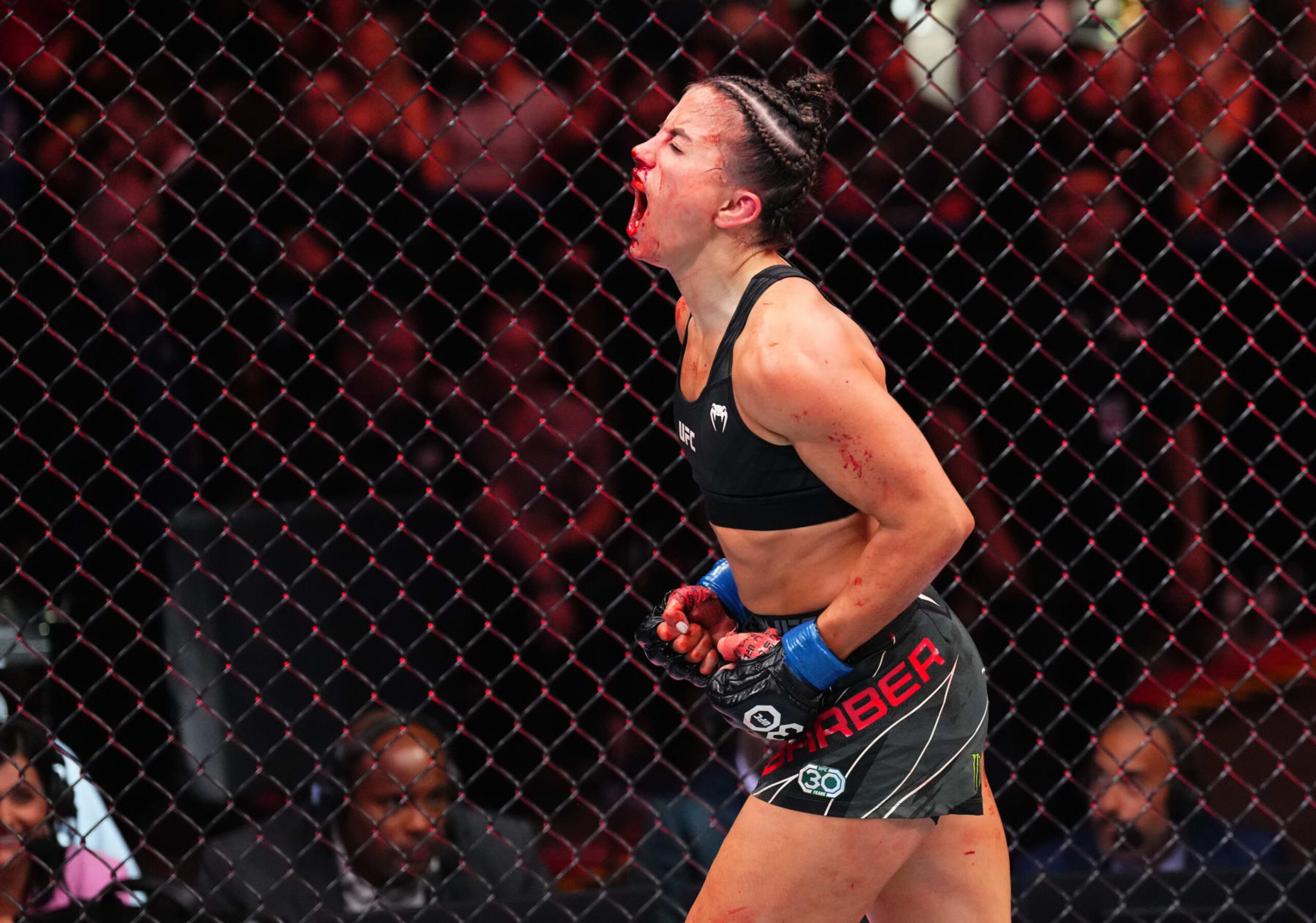 JACKSONVILLE, FLORIDA - JUNE 24:  Maycee Barber celebrates her TKO victory over Amanda Ribas of Brazil in their women's flyweight fight during the UFC Fight Night event at Vystar Veterans Memorial Arena on June 24, 2023 in Jacksonville, Florida. (Photo by Josh Hedges/Zuffa LLC)