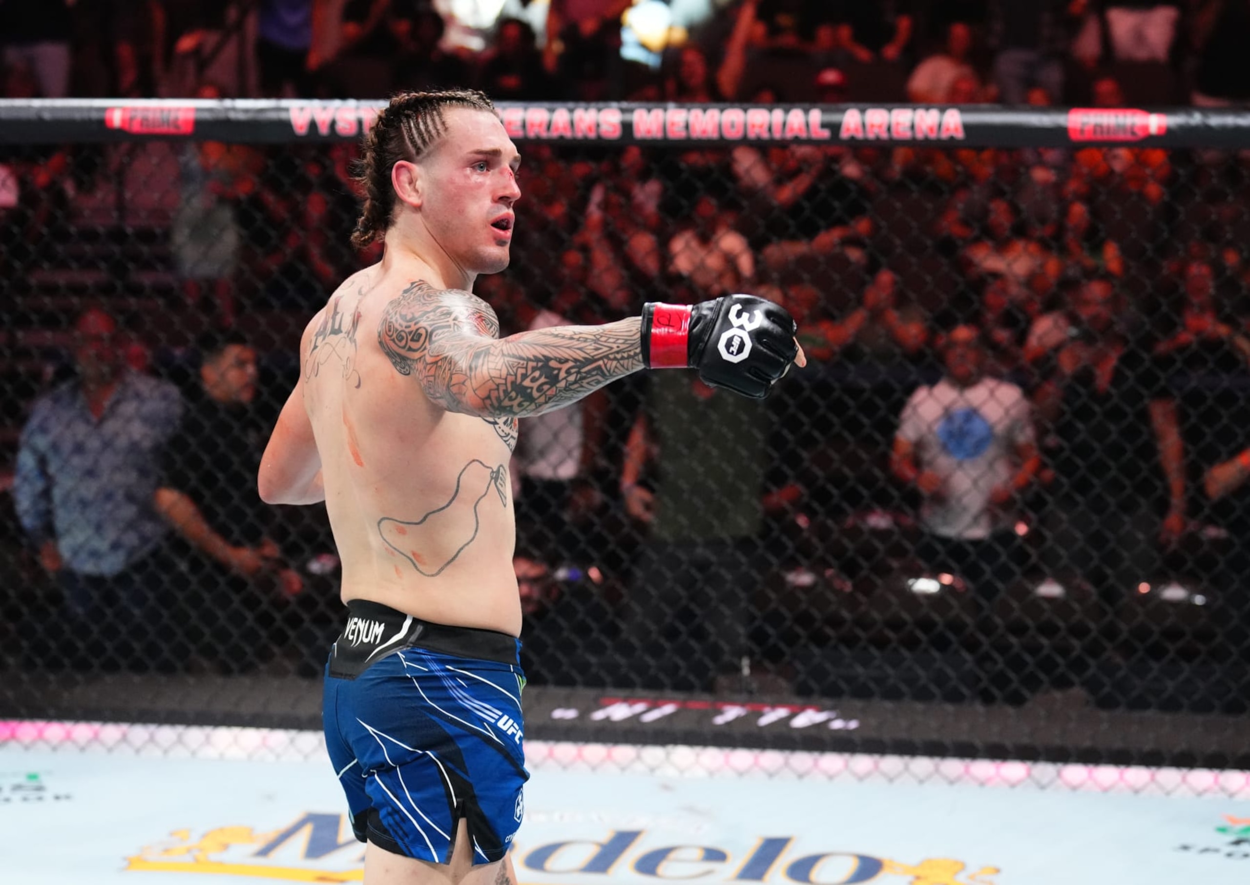 JACKSONVILLE, FLORIDA - JUNE 24:  Brendan Allen celebrates his submission victory over Bruno Silva of Brazil in their middleweight fight during the UFC Fight Night event at Vystar Veterans Memorial Arena on June 24, 2023 in Jacksonville, Florida. (Photo by Josh Hedges/Zuffa LLC)