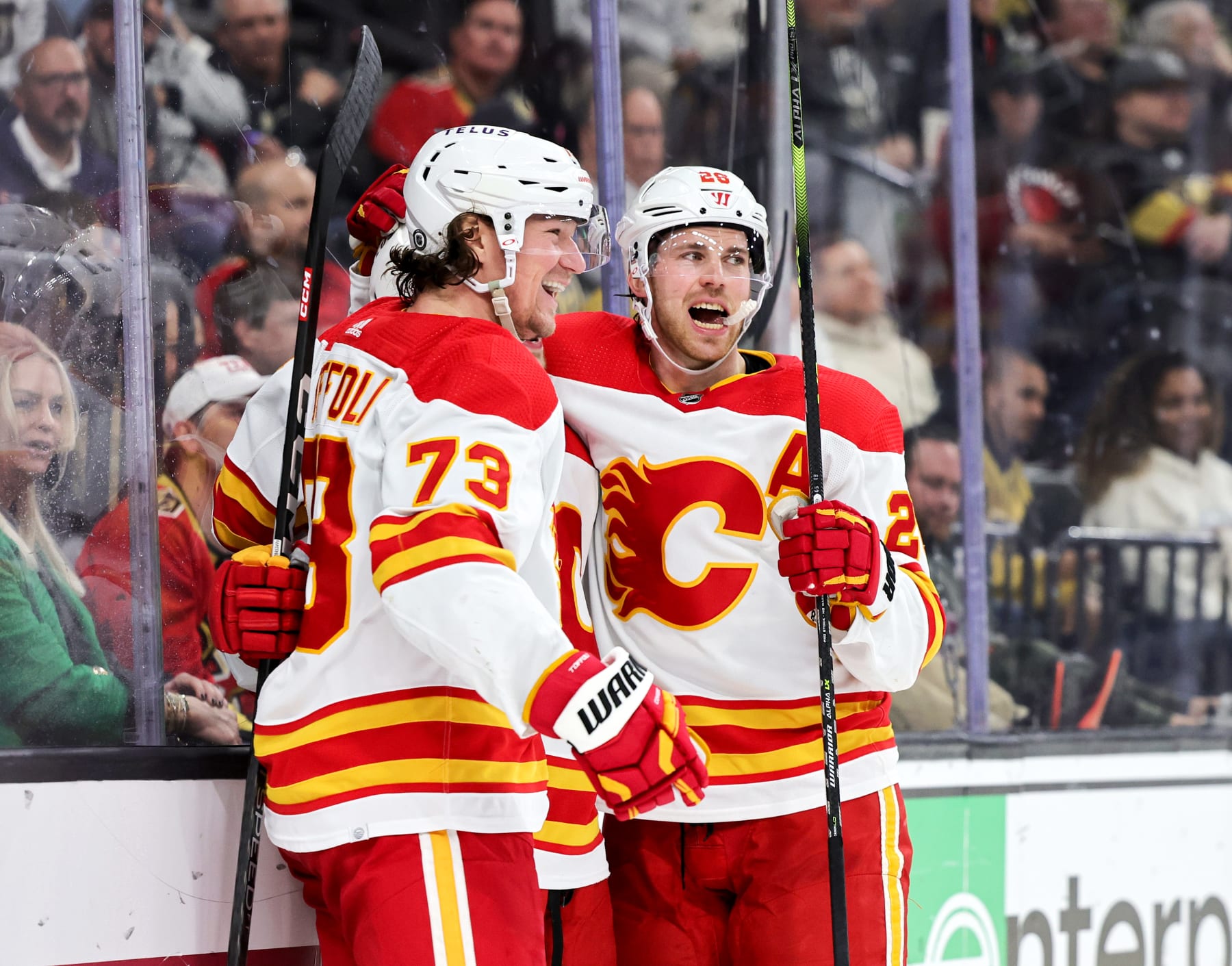 Calgary Flames winger Tyler Toffoli (left) and center Elias Lindholm. 