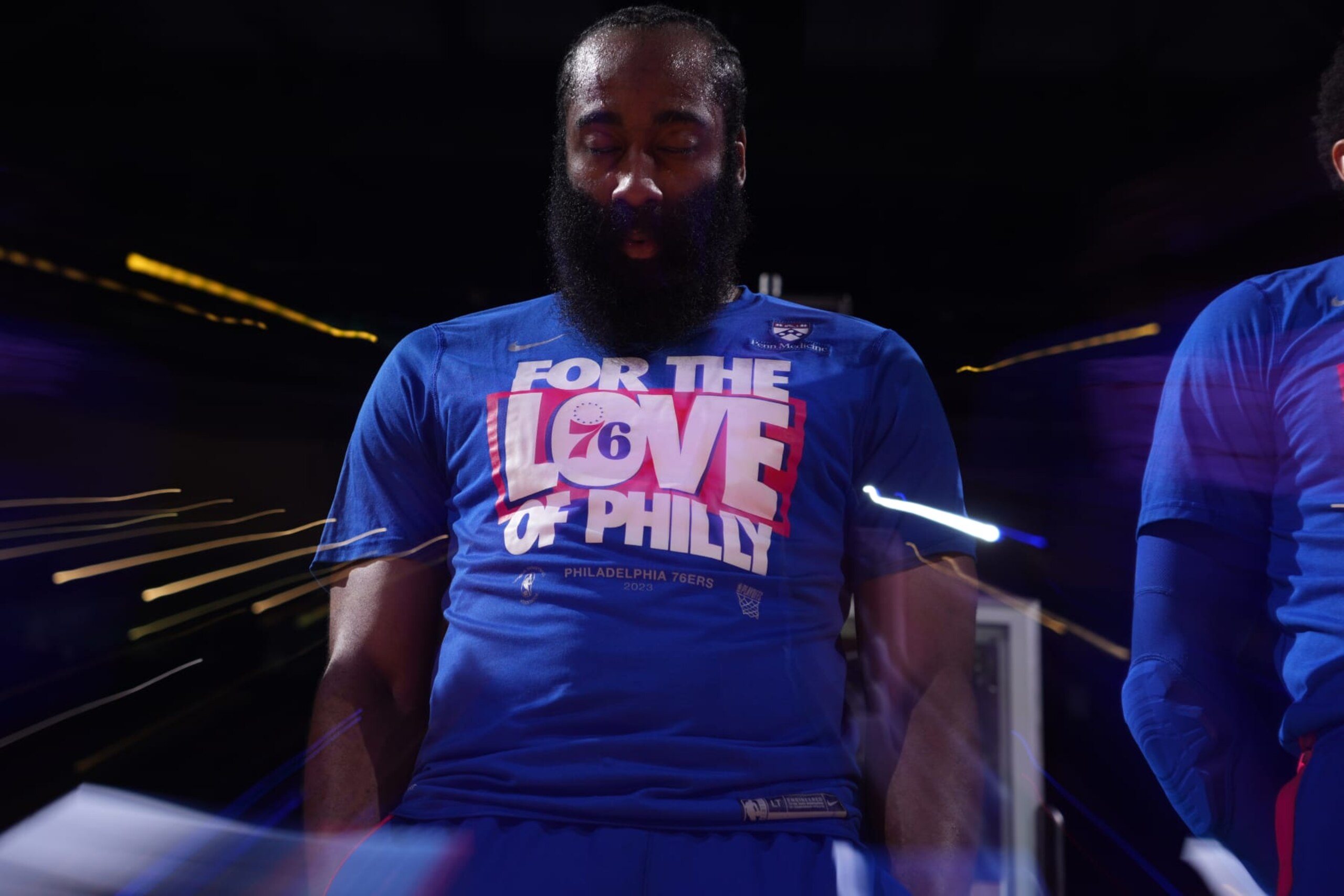 BOSTON, MA - MAY 14: (EDITORS NOTE: This image was captured using a slow shutter speed) James Harden #1 of the Philadelphia 76ers stands for the National Anthem before Game Seven of the Eastern Conference Semi-Finals of the 2023 NBA Playoffs against the Boston Celtics on May 14, 2023 at the TD Garden in Boston, Massachusetts. NOTE TO USER: User expressly acknowledges and agrees that, by downloading and or using this photograph, User is consenting to the terms and conditions of the Getty Images License Agreement. Mandatory Copyright Notice: Copyright 2023 NBAE  (Photo by Jesse D. Garrabrant/NBAE via Getty Images)