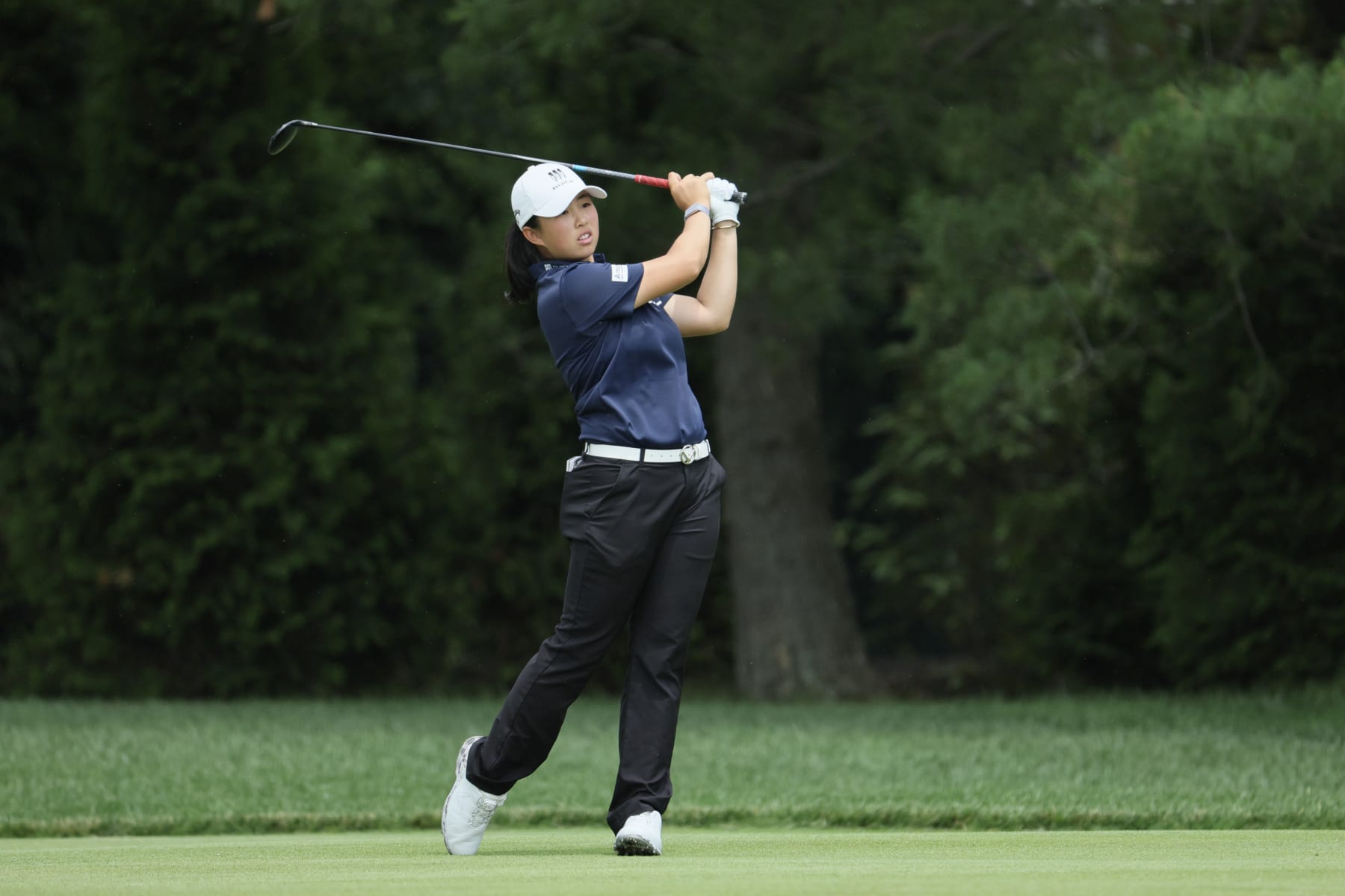 SPRINGFIELD, NEW JERSEY - JUNE 25: Ruoning Yin of China hits from the seventh fairway during the final round of the KPMG Women's PGA Championship at Baltusrol Golf Club on June 25, 2023 in Springfield, New Jersey. (Photo by Andy Lyons/Getty Images)