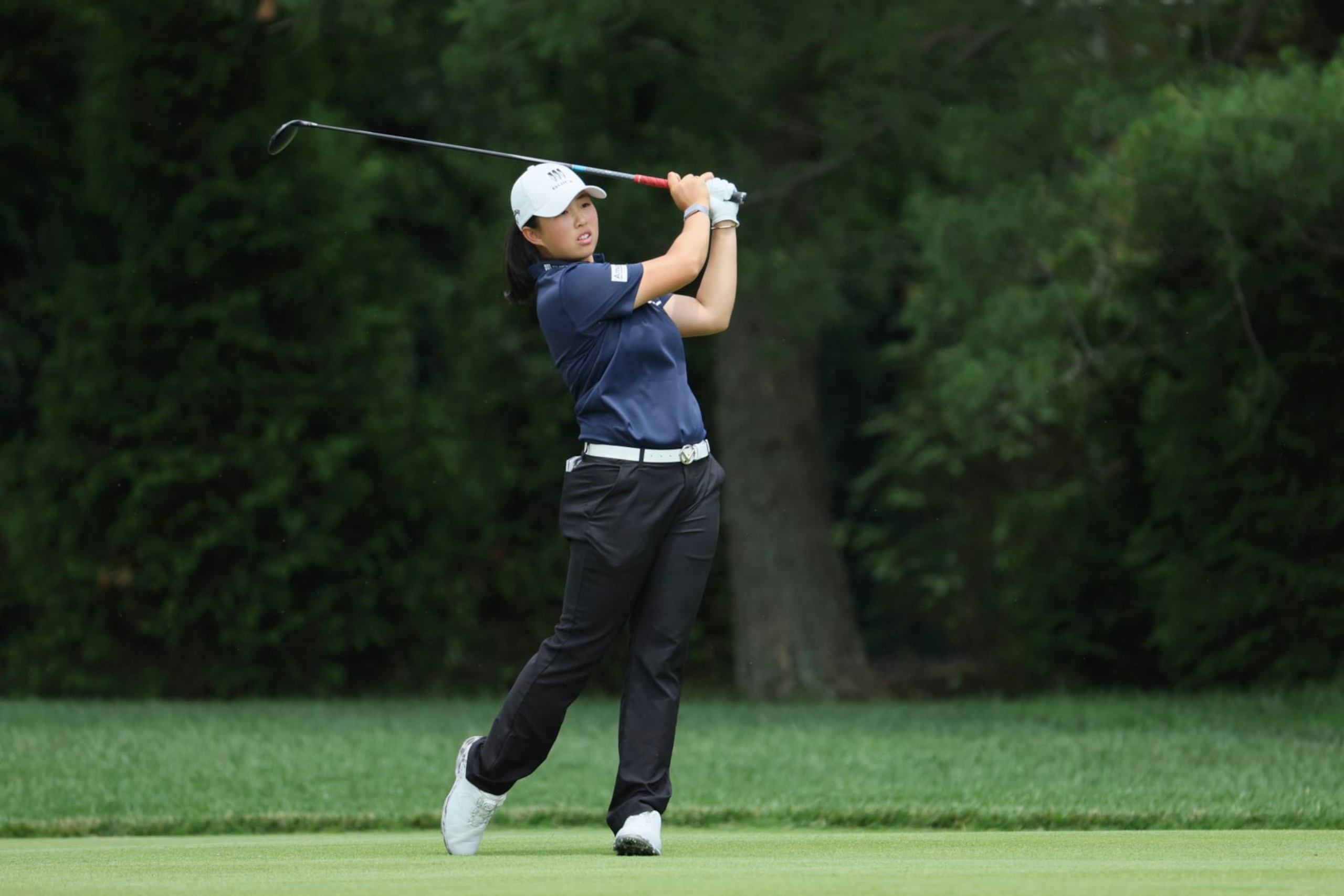 SPRINGFIELD, NEW JERSEY - JUNE 25: Ruoning Yin of China hits from the seventh fairway during the final round of the KPMG Women's PGA Championship at Baltusrol Golf Club on June 25, 2023 in Springfield, New Jersey. (Photo by Andy Lyons/Getty Images)