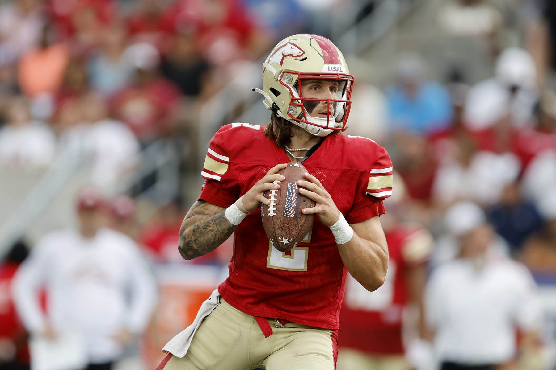 BIRMINGHAM, ALABAMA - JUNE 25: Alex McGough #2 of the Birmingham Stallions looks to throw a pass against the New Orleans Breakers during the first quarter in the USFL South Division Championship at Protective Stadium on June 25, 2023 in Birmingham, Alabama. (Photo by Stew Milne/USFL/Getty Images for USFL)