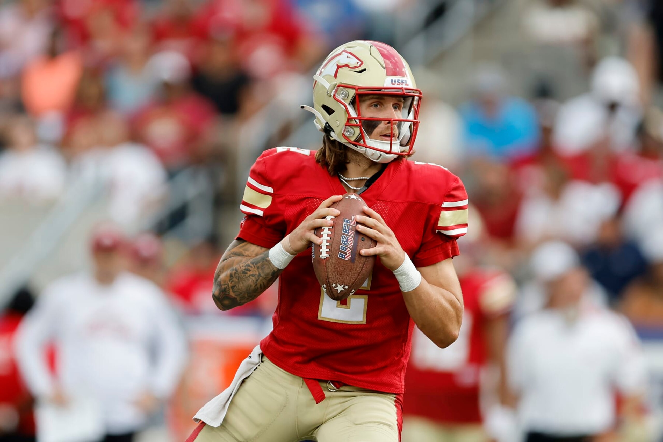 BIRMINGHAM, ALABAMA - JUNE 25: Alex McGough #2 of the Birmingham Stallions looks to throw a pass against the New Orleans Breakers during the first quarter in the USFL South Division Championship at Protective Stadium on June 25, 2023 in Birmingham, Alabama. (Photo by Stew Milne/USFL/Getty Images for USFL)