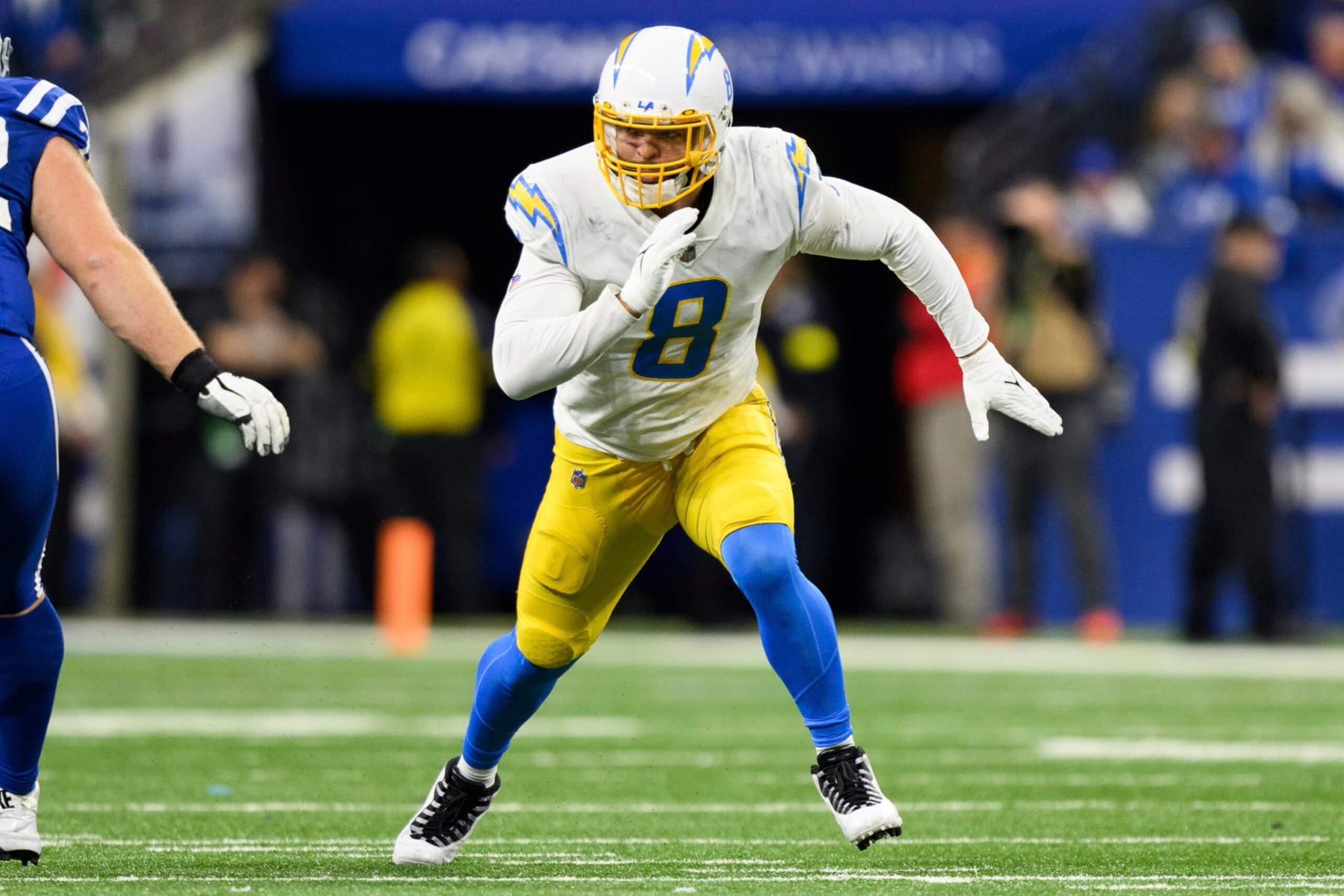 Los Angeles Chargers outside linebacker Kyle Van Noy (8) rushes around the edge during an NFL football game against the Indianapolis Colts, Monday, Dec. 26, 2022, in Indianapolis. (AP Photo/Zach Bolinger)