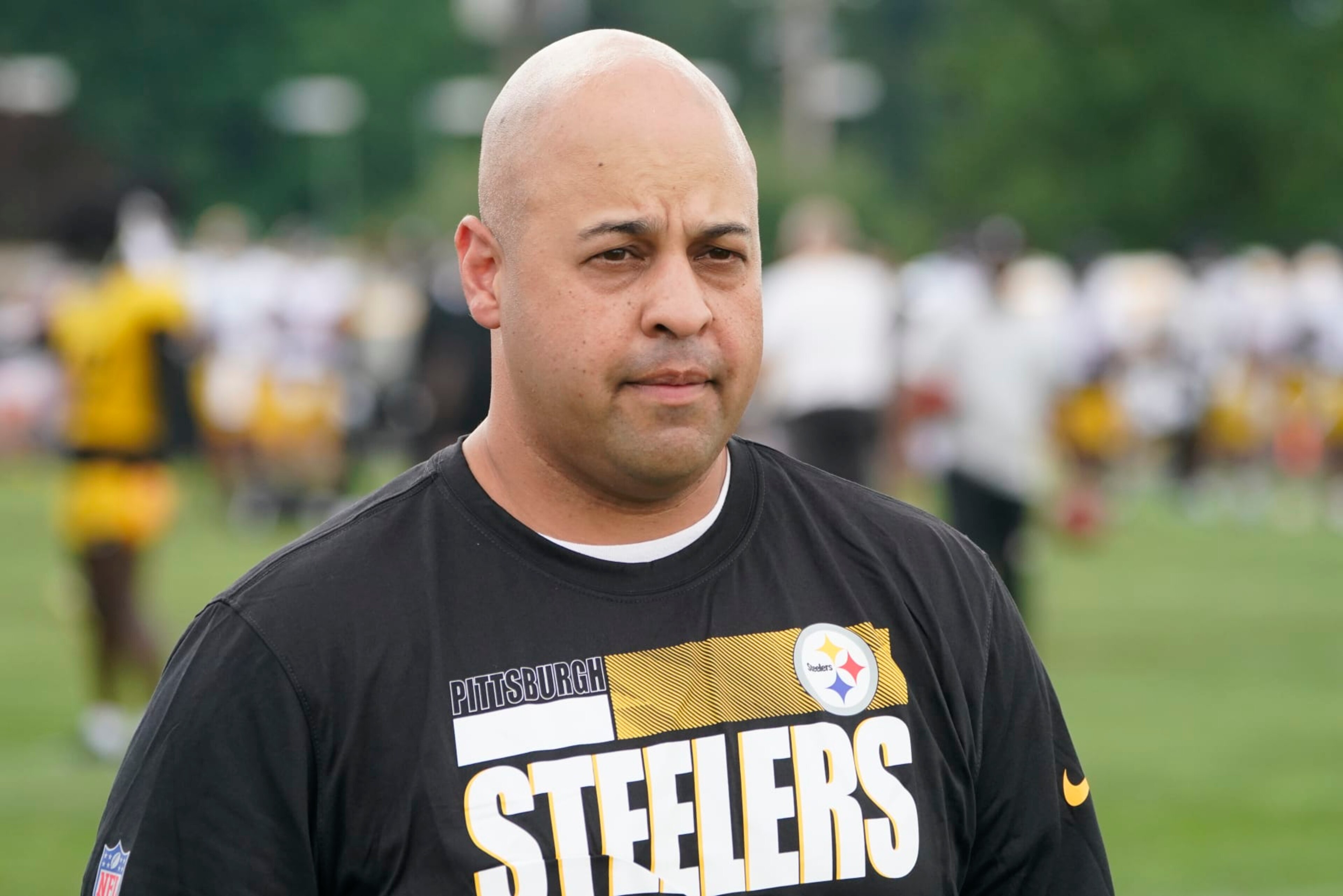 Pittsburgh Steelers General Manager Omar Khan watches the team go through drills during practice at NFL football training camp in the Latrobe Memorial Stadium in Latrobe, Pa., Monday, Aug. 8, 2022. (AP Photo/Keith Srakocic) Pittsburgh Steelers General Manager Omar Khan watches the team go through drills during practice at NFL football training camp in the Latrobe Memorial Stadium in Latrobe, Pa., Monday, Aug. 8, 2022. (AP Photo/Keith Srakocic)