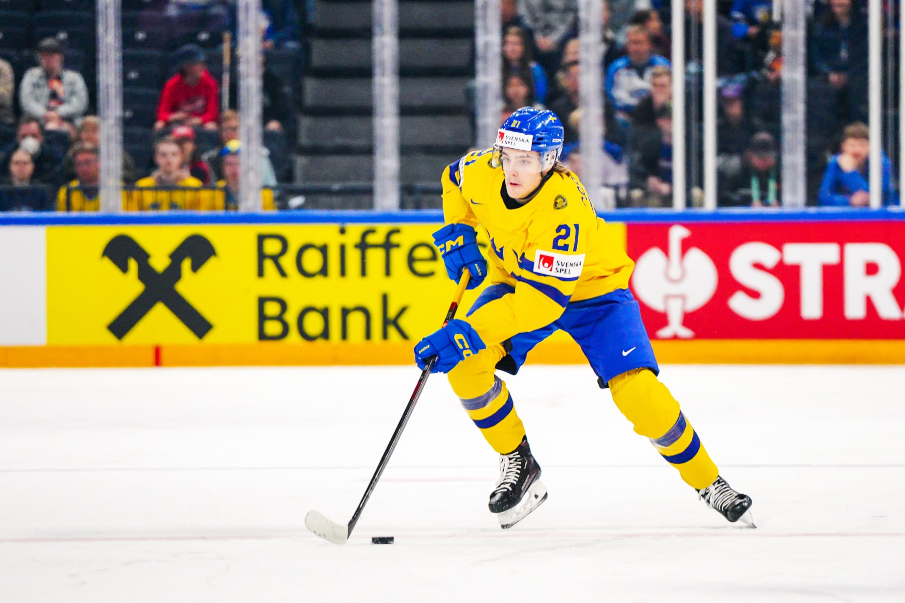 TAMPERE, FINLAND - MAY 23: Leo Carlsson of Sweden controls the ball during the 2023 IIHF Ice Hockey World Championship Finland - Latvia game between Sweden and United States at Nokia-areena on May 23, 2023 in Tampere, Finland. (Photo by Samppa Toivonen/Apollo Photo/DeFodi Images via Getty Images)