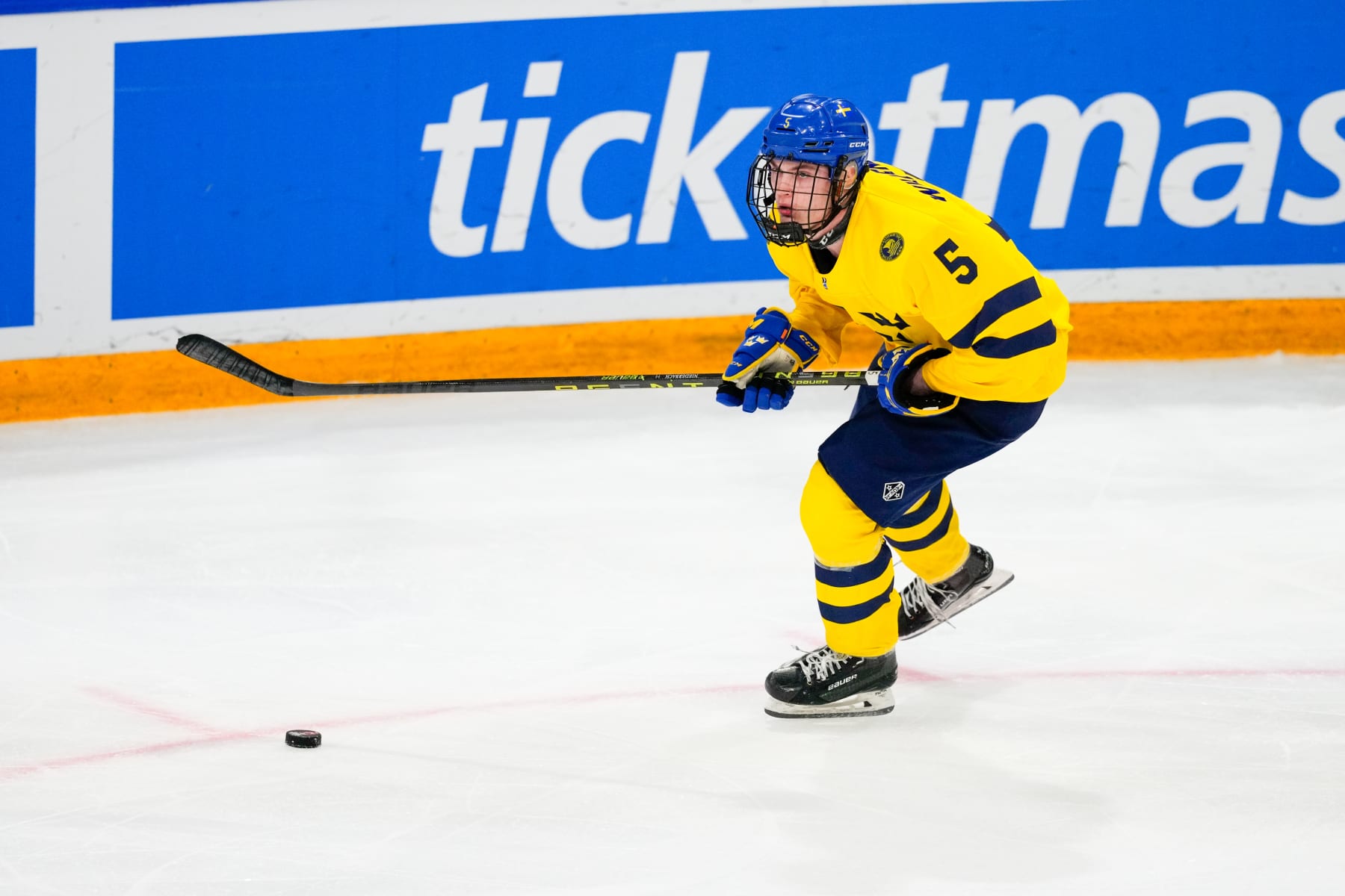 BASEL, SWITZERLAND - APRIL 29: Tom Willander of Sweden in action  during the semi final of U18 Ice Hockey World Championship match between Sweden and Canada at St. Jakob-Park on April 29, 2023 in Basel, Switzerland. (Photo by Jari Pestelacci/Eurasia Sport Images/Getty Images)