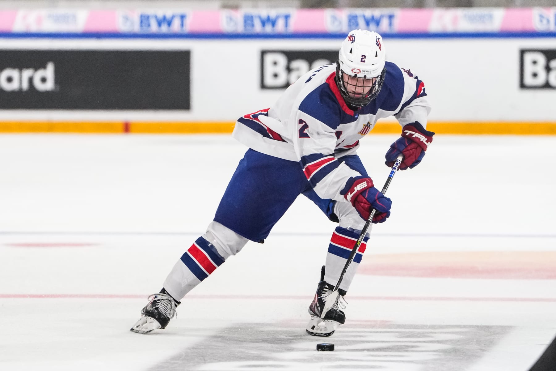 BASEL, SWITZERLAND - APRIL 30: Will Smith of United States during final of U18 Ice Hockey World Championship match between United States and Sweden at St. Jakob-Park at St. Jakob-Park on April 30, 2023 in Basel, Switzerland. (Photo by Jari Pestelacci/Eurasia Sport Images/Getty Images)