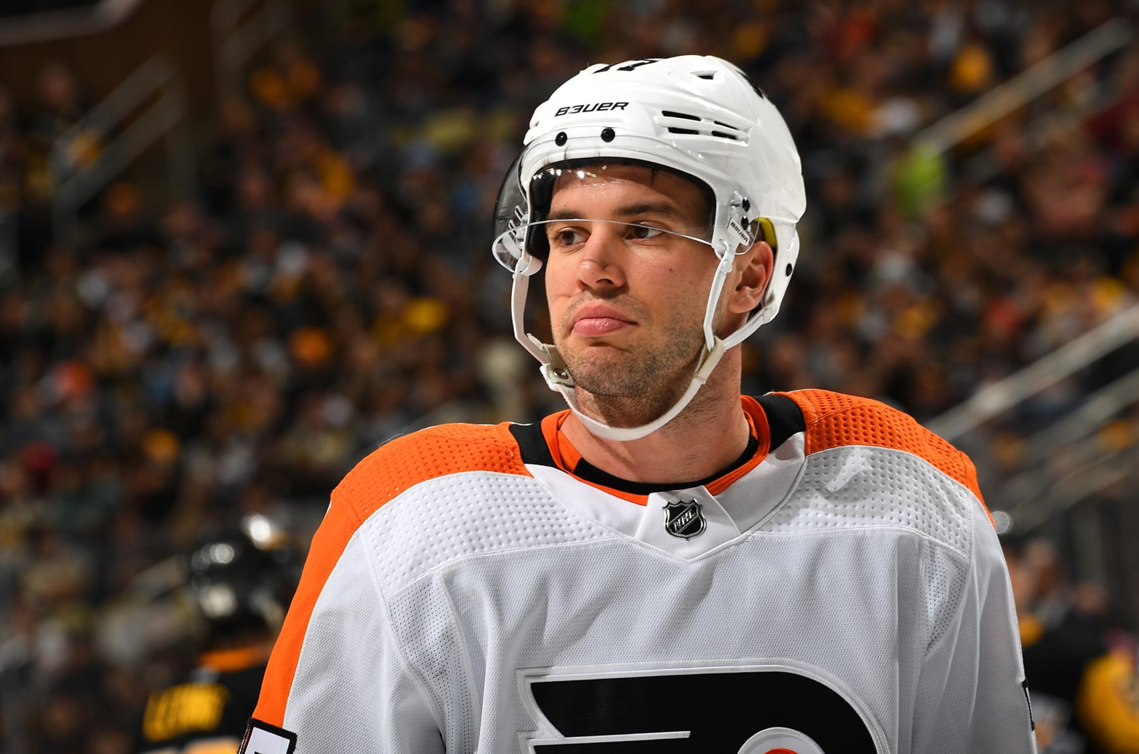 PITTSBURGH, PA - APRIL 02: Tony DeAngelo #77 of the Philadelphia Flyers skates against the Pittsburgh Penguins at PPG PAINTS Arena on April 2, 2023 in Pittsburgh, Pennsylvania. (Photo by Joe Sargent/NHLI via Getty Images) PITTSBURGH, PA - APRIL 02: Tony DeAngelo #77 of the Philadelphia Flyers skates against the Pittsburgh Penguins at PPG PAINTS Arena on April 2, 2023 in Pittsburgh, Pennsylvania. (Photo by Joe Sargent/NHLI via Getty Images)
