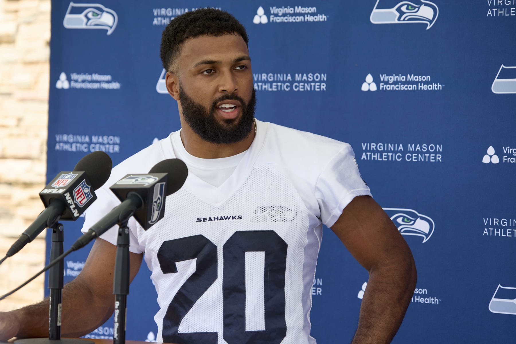 Seattle Seahawks safety Julian Love talks with the news media after an NFL football practice, Wednesday, June 7, 2023, team's facilities in Renton, Wash. (AP Photo/John Froschauer)