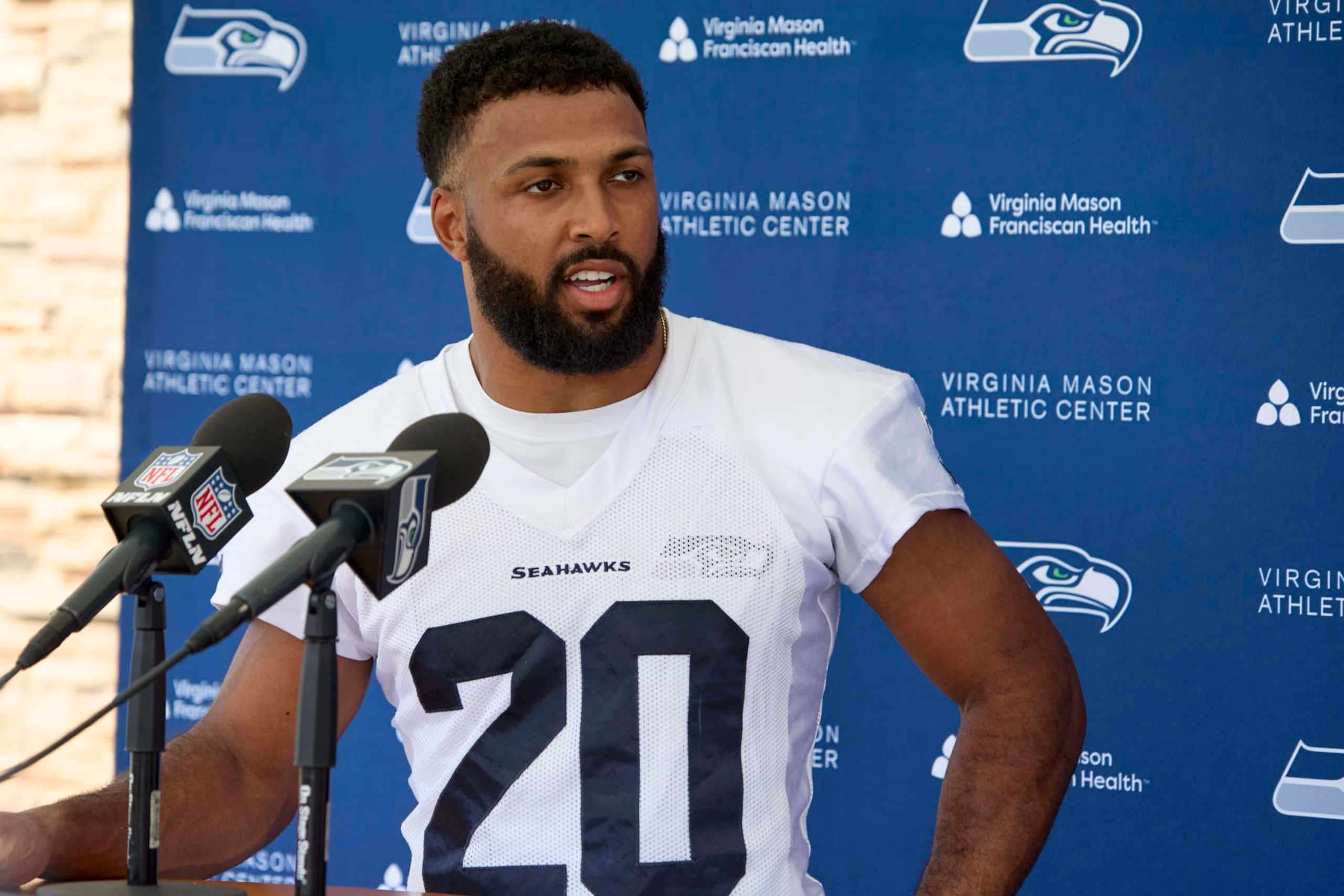 Seattle Seahawks safety Julian Love talks with the news media after an NFL football practice, Wednesday, June 7, 2023, team's facilities in Renton, Wash. (AP Photo/John Froschauer)