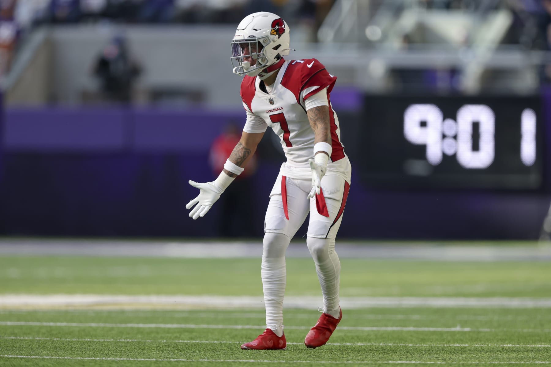Arizona Cardinals cornerback Byron Murphy Jr. (7) in action during the second half of an NFL football game against the Minnesota Vikings, Sunday, Oct. 30, 2022 in Minneapolis. (AP Photo/Stacy Bengs)