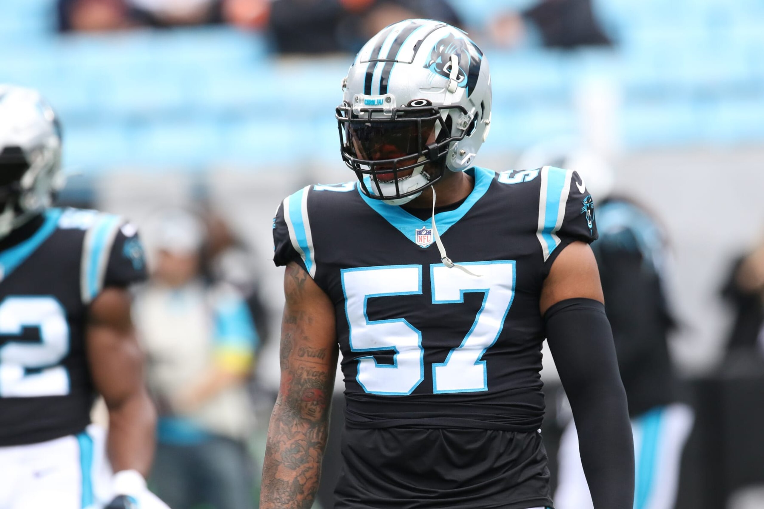 CHARLOTTE, NC - NOVEMBER 27: Carolina Panthers linebacker Damien Wilson (57) during an NFL football game between the Denver Broncos and the Carolina Panthers on November 27, 2022, at Bank of America Stadium in Charlotte, N.C. (Photo by John Byrum/Icon Sportswire via Getty Images)