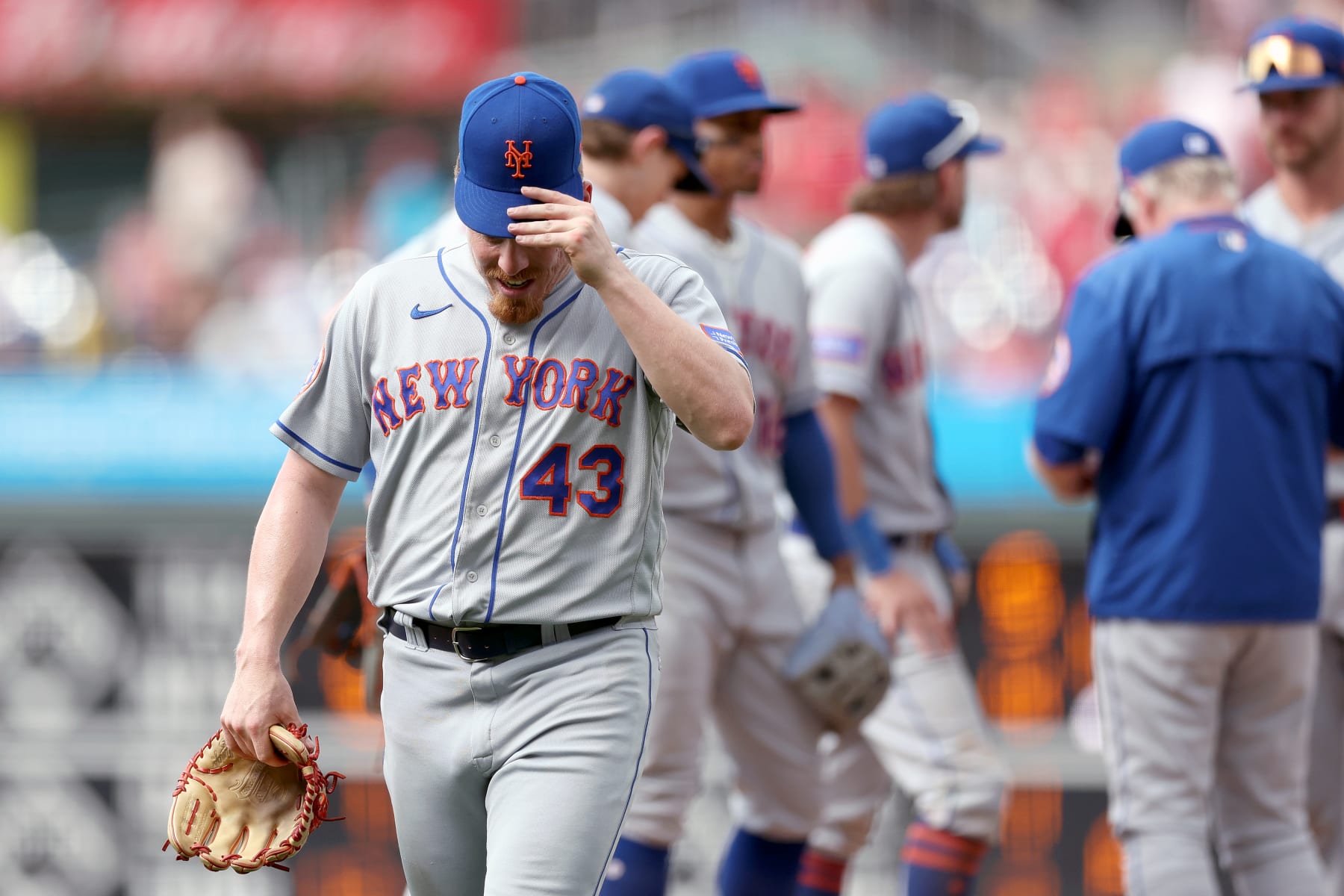PHILADELPHIA, PENNSYLVANIA - JUNE 25: Jeff Brigham #43 of the New York Mets reacts during the eighth inning against the Philadelphia Phillies at Citizens Bank Park on June 25, 2023 in Philadelphia, Pennsylvania. (Photo by Tim Nwachukwu/Getty Images)