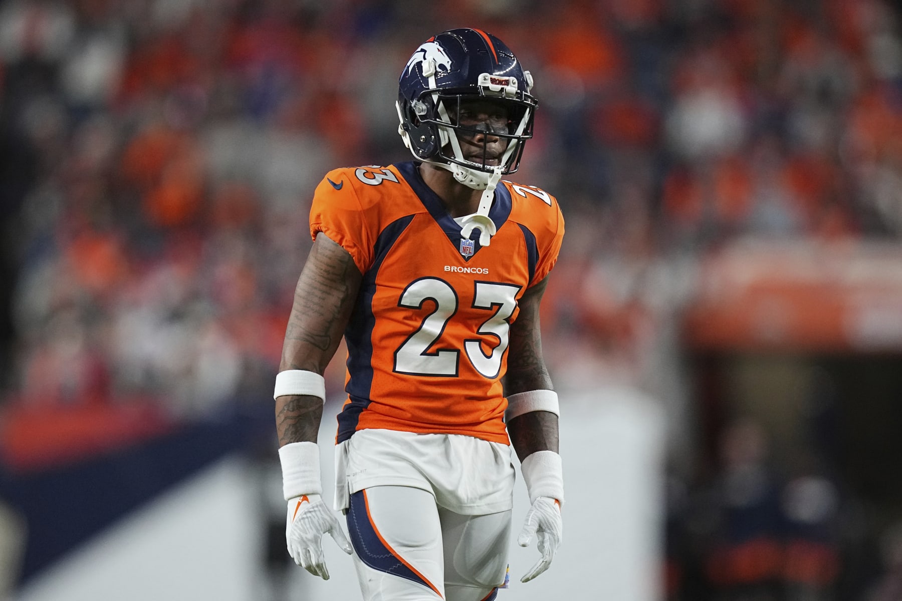 Denver Broncos cornerback Ronald Darby (23) celebrates against the Indianapolis Colts of an NFL football game Thursday, Oct 6, 2022, in Denver. (AP Photo/Bart Young) Denver Broncos cornerback Ronald Darby (23) celebrates against the Indianapolis Colts of an NFL football game Thursday, Oct 6, 2022, in Denver. (AP Photo/Bart Young)