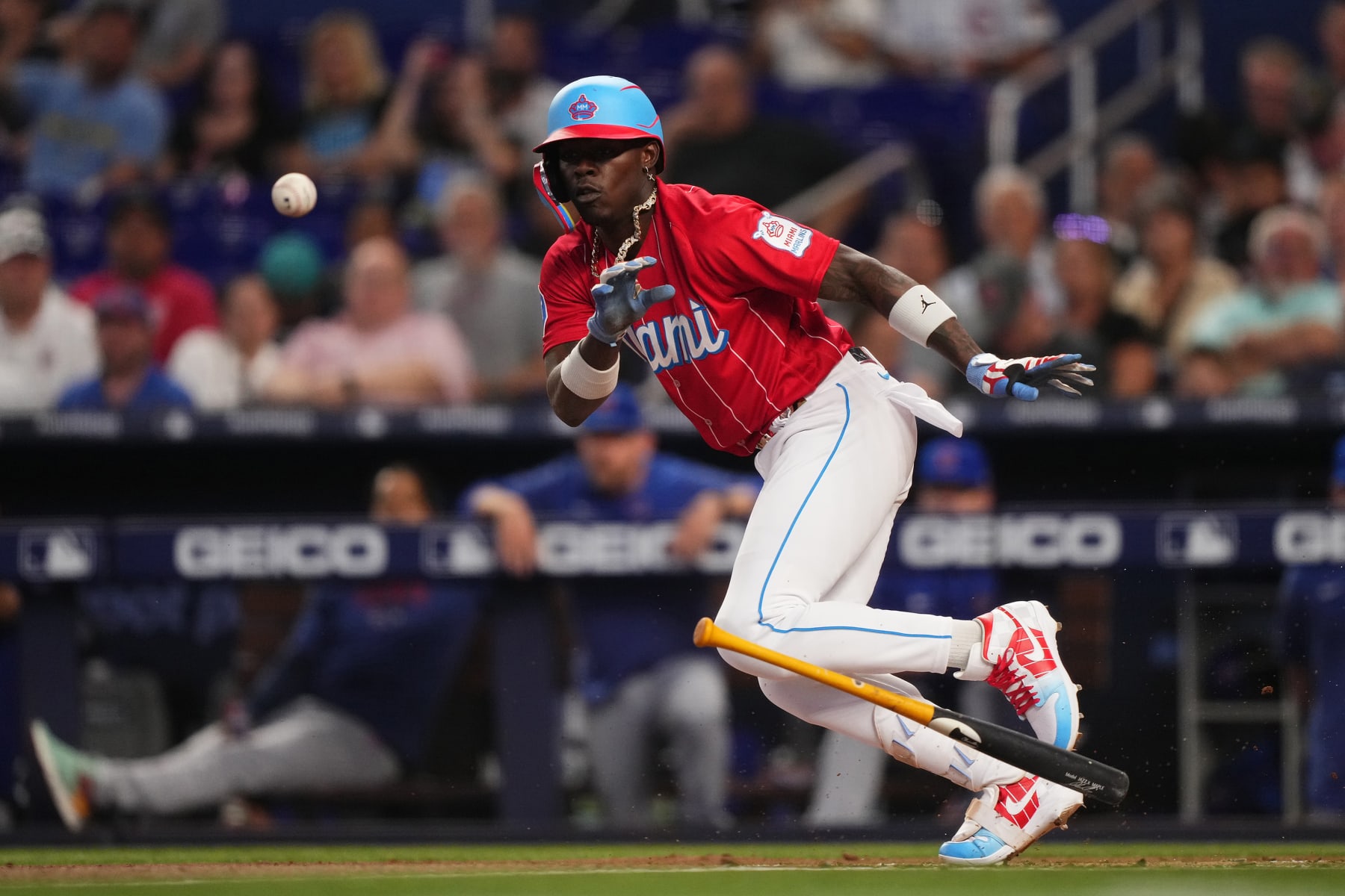 MIAMI, FL - APRIL 29: Jazz Chisholm Jr. #2 of the Miami Marlins lays down a bunt in the game against the Chicago Cubs at loanDepot park on April 29, 2023 in Miami, Florida. (Jasen Vinlove/Miami Marlins/Contributor)