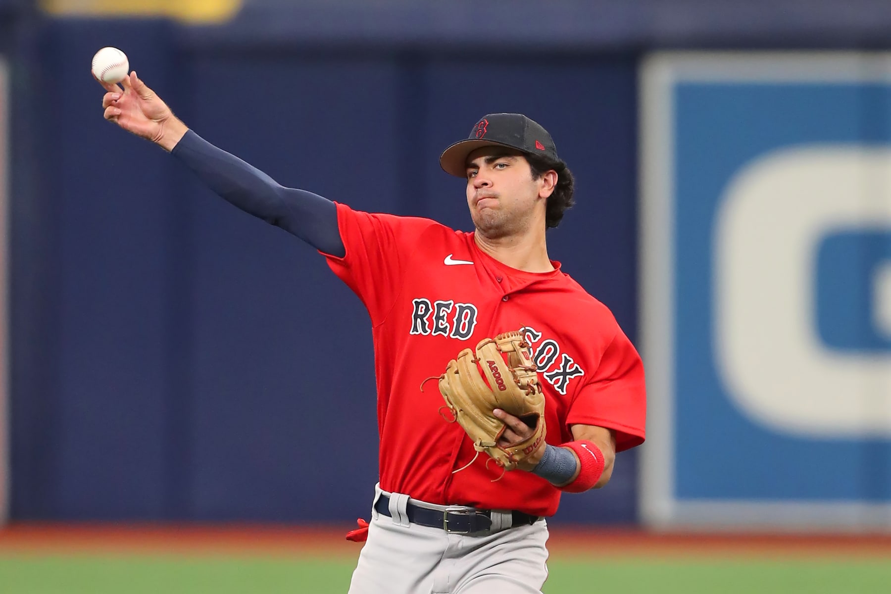 ST. PETERSBURG, FL - MARCH 18: Boston Red Sox short stop Marcelo Mayer (85) warms up before the MLB spring training game between the Boston Red Sox and the Tampa Bay Rays on March 18, 2023, at Tropicana Field in St. Petersburg, FL. (Photo by Cliff Welch/Icon Sportswire via Getty Images)