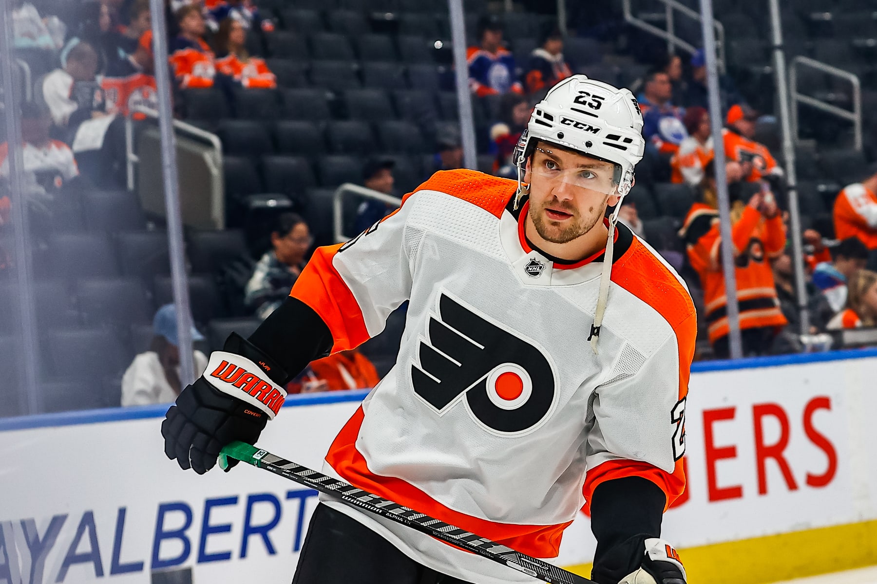 EDMONTON, AB - FEBRUARY 21: Philadelphia Flyers Left Wing James van Riemsdyk (25) takes a lap in warm ups of the Edmonton Oilers game versus the Philadelphia Flyers on February 21, 2023 at Rogers Place in Edmonton, AB. (Photo by Curtis Comeau/Icon Sportswire via Getty Images)