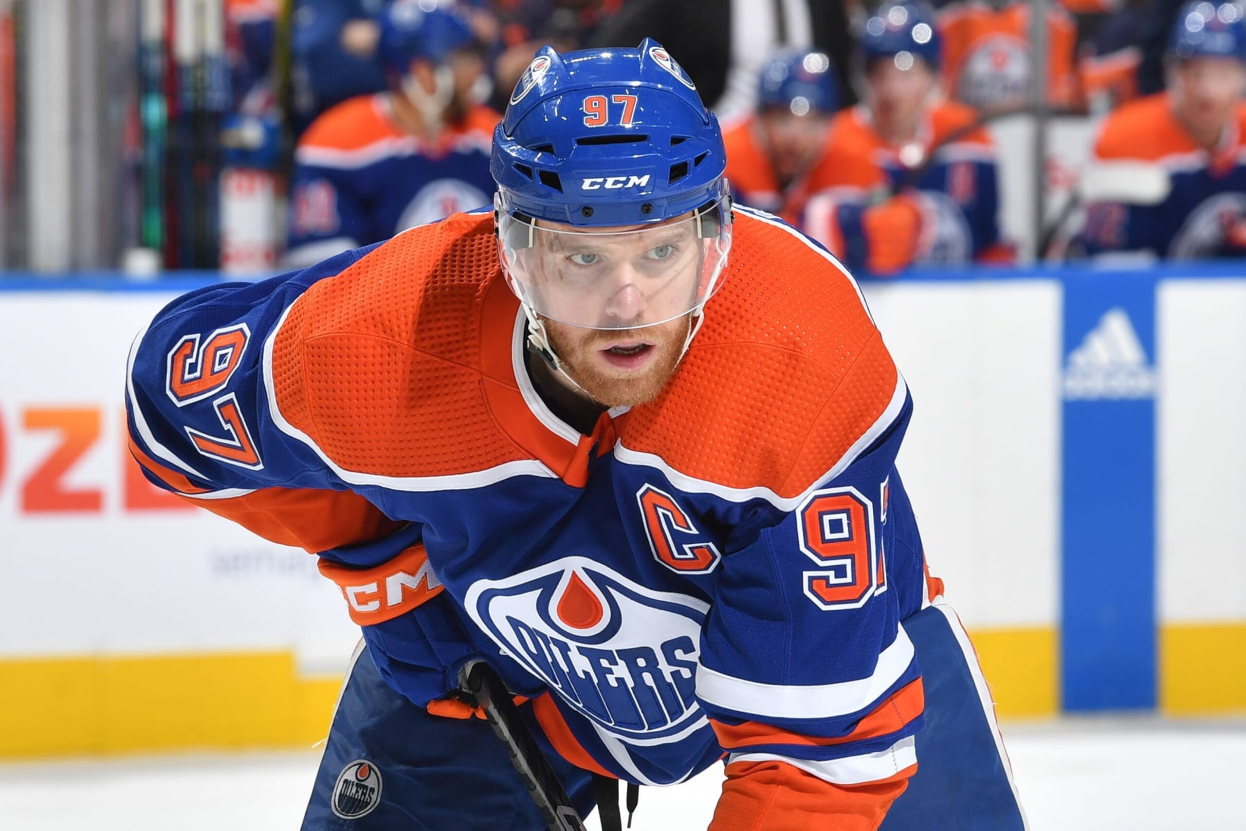 EDMONTON, CANADA - MAY 8: Connor McDavid #97 of the Edmonton Oilers awaits a face-off in Game Three of the Second Round of the 2023 Stanley Cup Playoffs against the Vegas Golden Knights at Rogers Place on May 8, 2023, in Edmonton, Alberta, Canada. (Photo by Andy Devlin/NHLI via Getty Images)