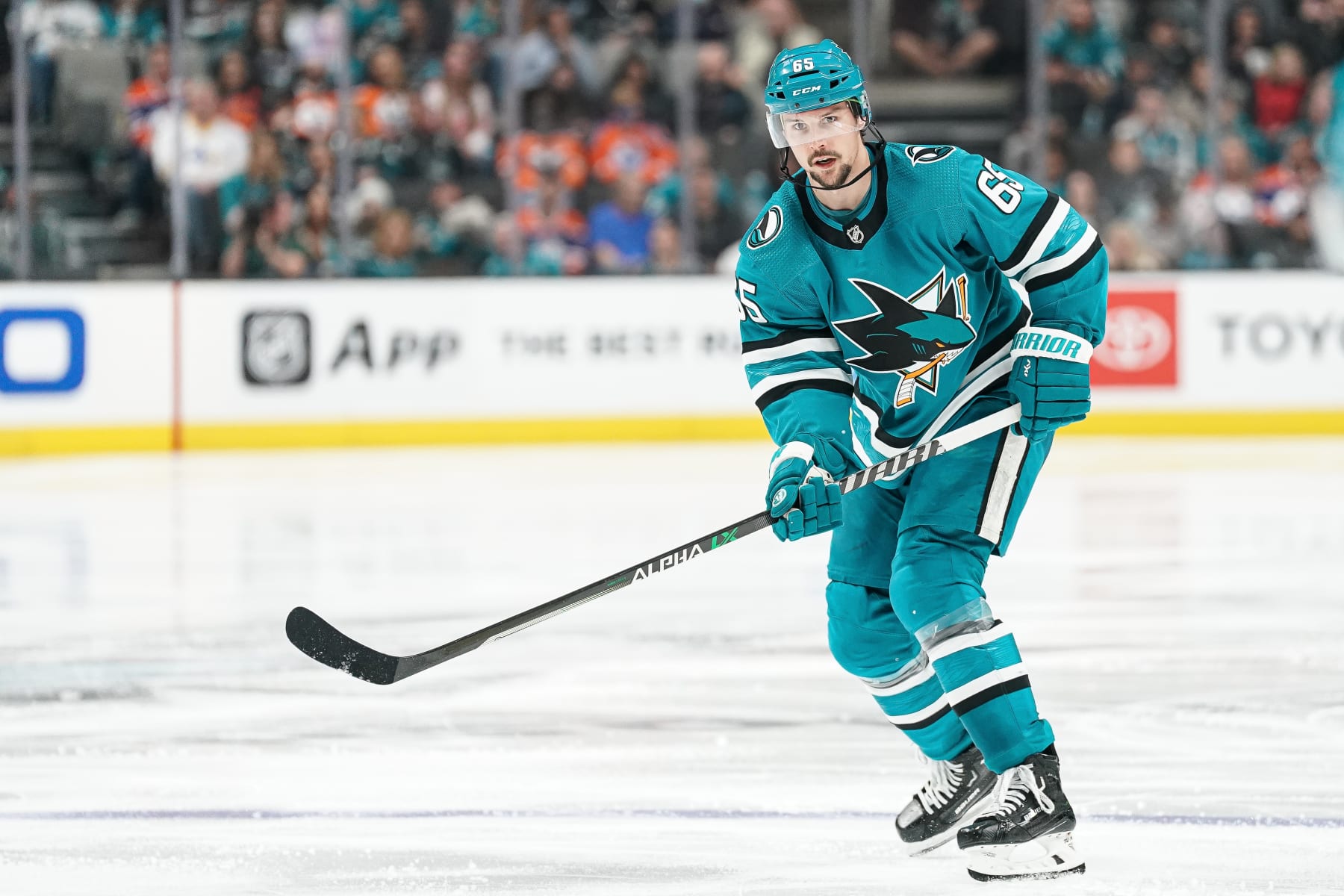 SAN JOSE, CA - APRIL 8: Erik Karlsson #65 of the San Jose Sharks skates with the puck in the third period against the Edmonton Oilers at SAP Center on April 8, 2023 in San Jose, California. (Photo by Kavin Mistry/NHLI via Getty Images)