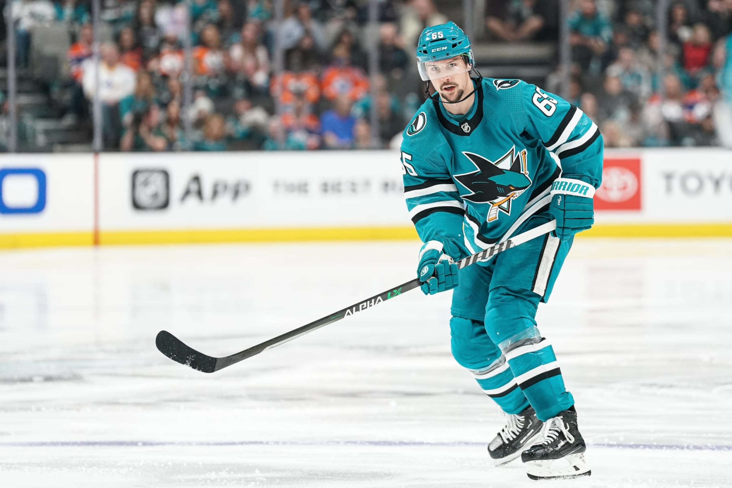 SAN JOSE, CA - APRIL 8: Erik Karlsson #65 of the San Jose Sharks skates with the puck in the third period against the Edmonton Oilers at SAP Center on April 8, 2023 in San Jose, California. (Photo by Kavin Mistry/NHLI via Getty Images)