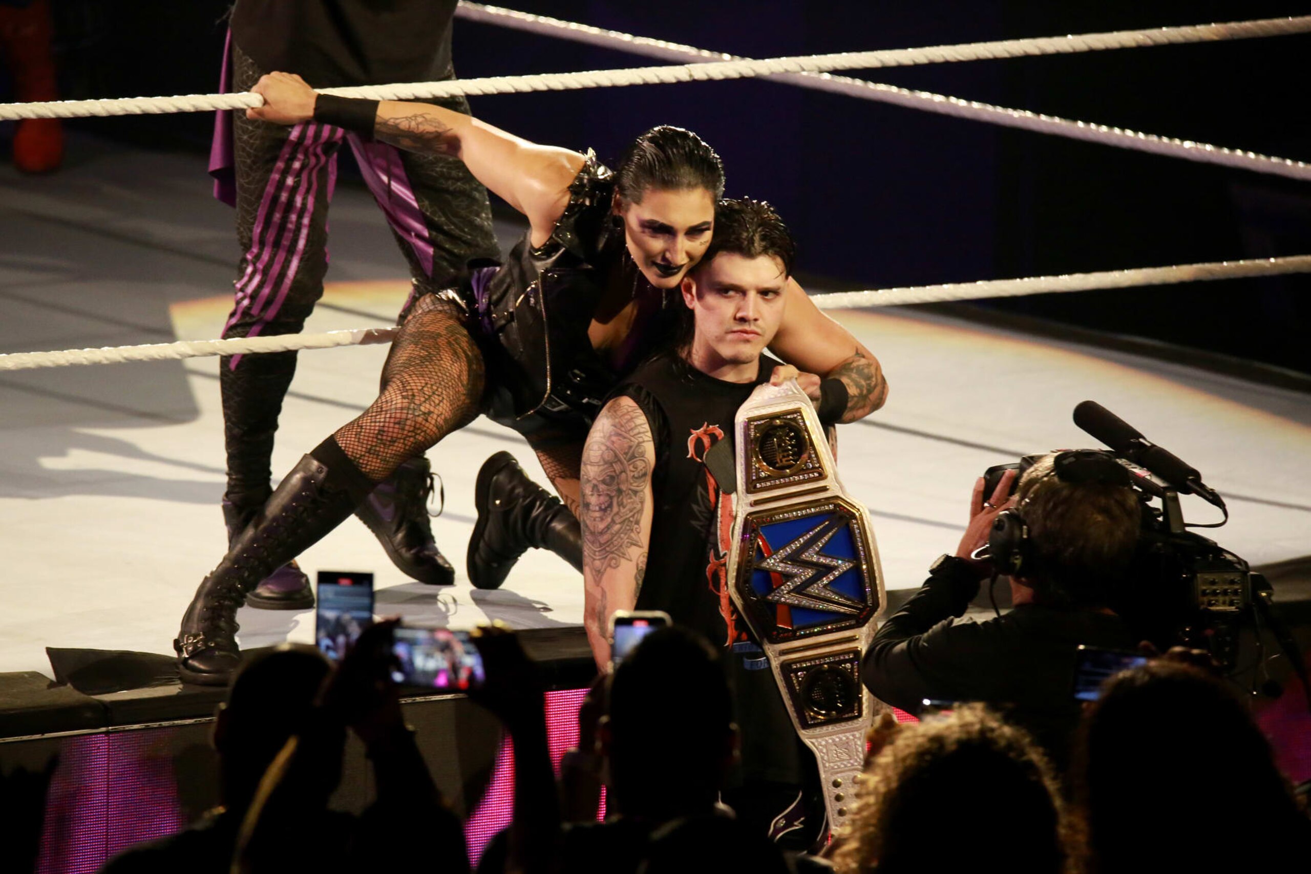 SAN JUAN, PUERTO RICO - MAY 05: Rhea Ripley and Dominik Mysterio enter the ring during the WWE SmackDown at Coliseo de Puerto Rico José Miguel Agrelot on May 05, 2023 in San Juan, Puerto Rico. (Photo by Gladys Vega/Getty Images)
