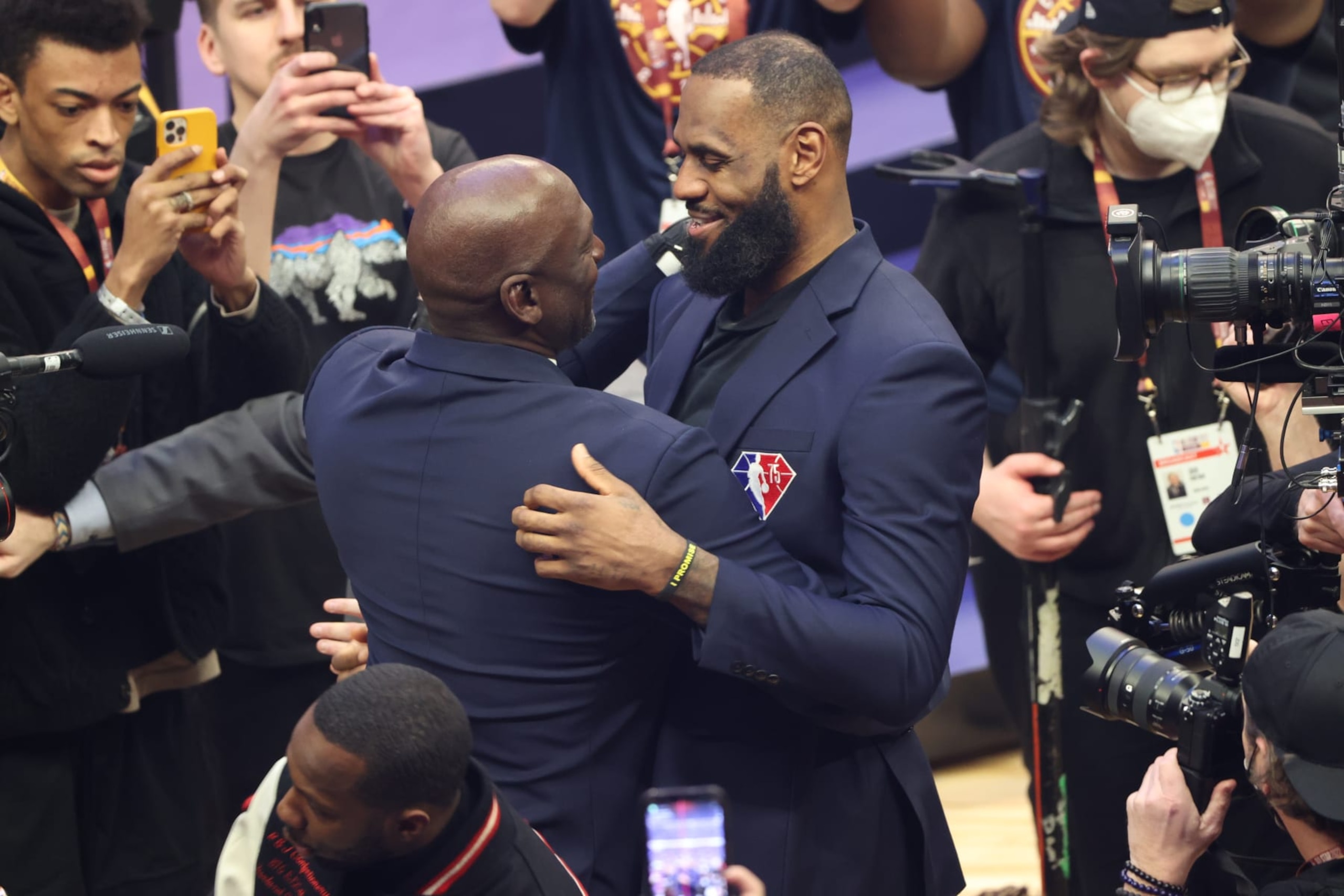 CLEVELAND, OH - FEBRUARY 20: NBA legend Michael Jordan greets LeBron James #6 of the Los Angeles Lakers  during the 2022 NBA All-Star Game as part of 2022 NBA All-Star Weekend on February 20, 2022 at Rocket Mortgage FieldHouse in Cleveland, Ohio. NOTE TO USER: User expressly acknowledges and agrees that, by downloading and or using this photograph, User is consenting to the terms and conditions of the Getty Images License Agreement. Mandatory Copyright Notice: Copyright 2022 NBAE (Photo by Joe Murphy/NBAE via Getty Images)