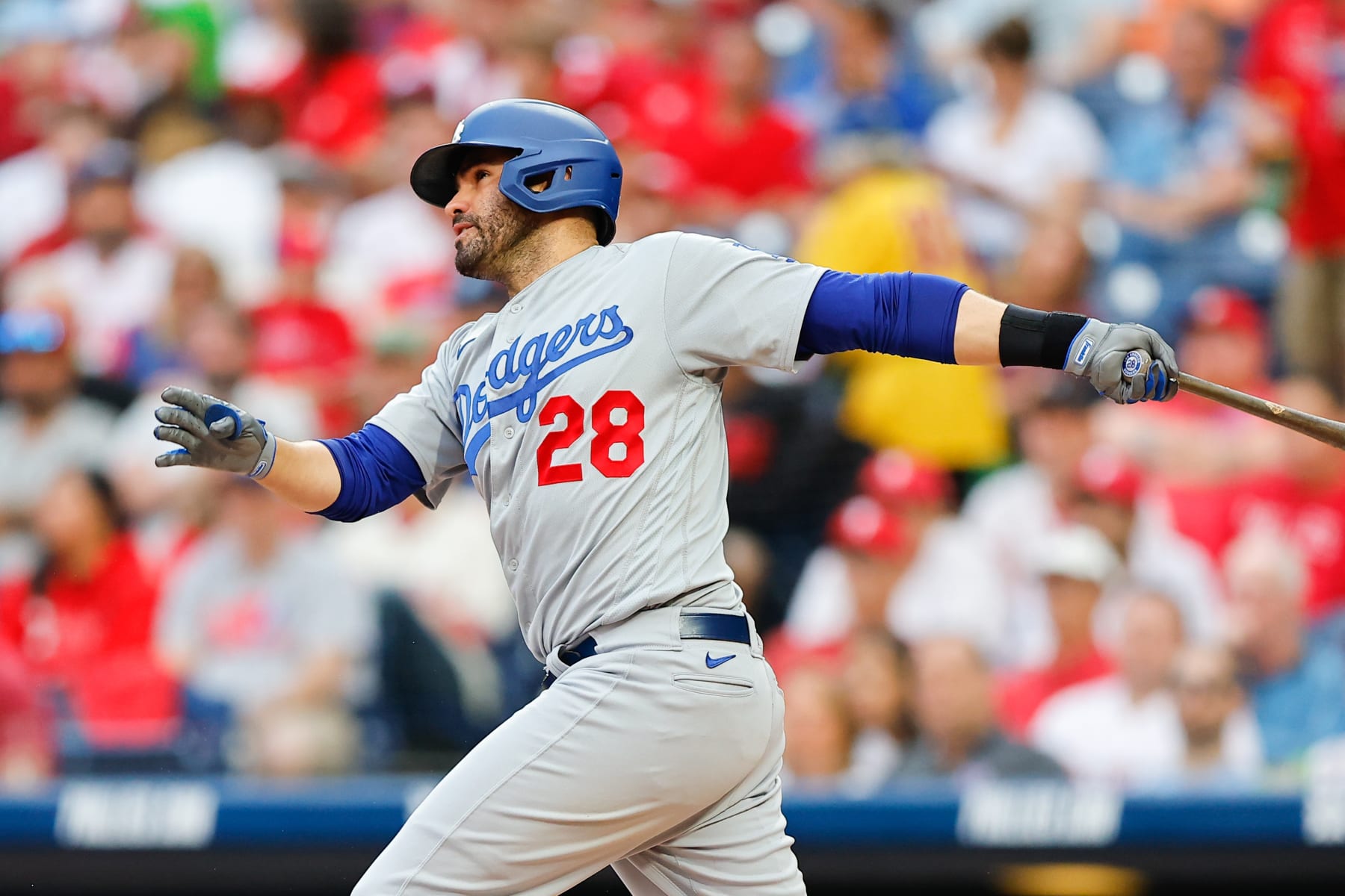PHILADELPHIA, PA - JUNE 09:  J.D. Martinez #28 of the Los Angeles Dodgers at bat during the game against the Philadelphia Phillies during the game at Citizens Bank Park on June 9, 2023 in Philadelphia, Pennsylvania.  (Photo by Rich Graessle/Icon Sportswire via Getty Images)