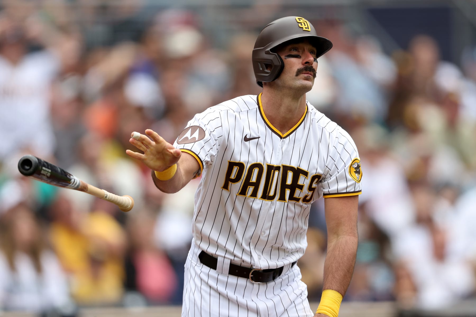 SAN DIEGO, CALIFORNIA - JUNE 07: Matt Carpenter #14 of the San Diego Padres tosses his bat during a game against the Seattle Mariners at PETCO Park on June 07, 2023 in San Diego, California. (Photo by Sean M. Haffey/Getty Images)