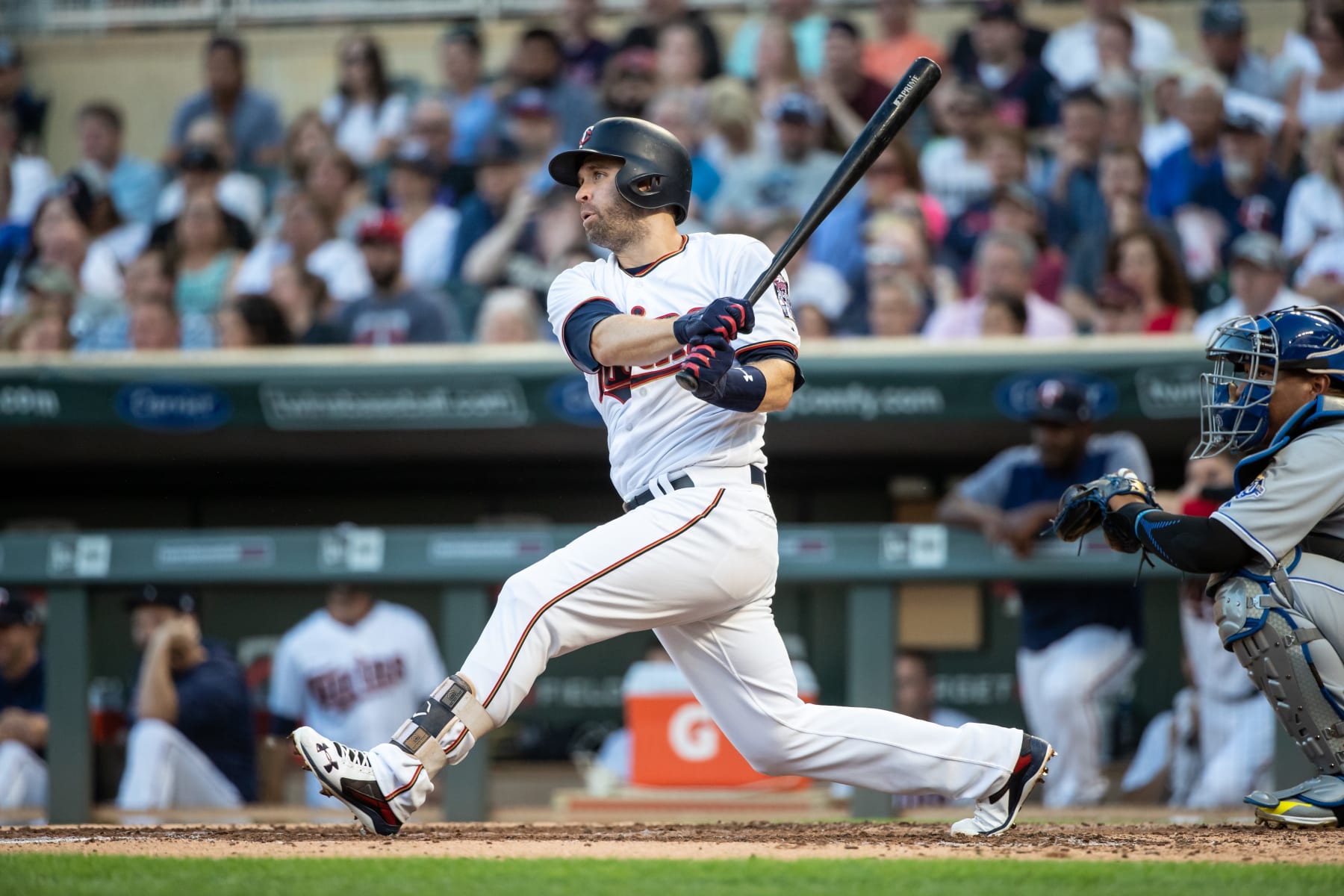 MINNEAPOLIS, MN- JULY 09: Brian Dozier #2 of the Minnesota Twins bats against the Kansas City Royals on July 9, 2018 at Target Field in Minneapolis, Minnesota. The Twins defeated the Royals 3-1. (Photo by Brace Hemmelgarn/Minnesota Twins/Getty Images)