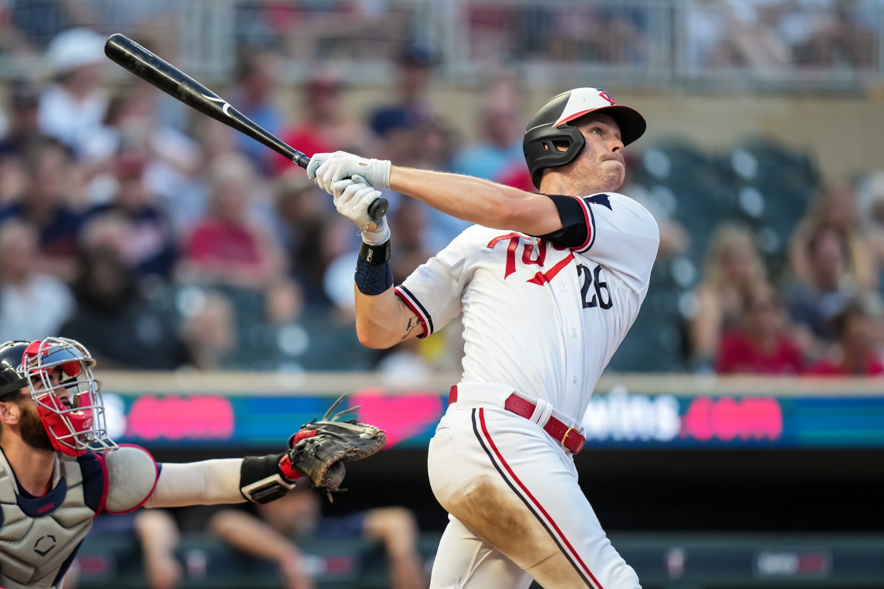 MINNEAPOLIS, MN - JUNE 21: Max Kepler #26 of the Minnesota Twins bats and hits a home run against the Boston Red Sox on June 21, 2023 at Target Field in Minneapolis, Minnesota. (Photo by Brace Hemmelgarn/Minnesota Twins/Getty Images)