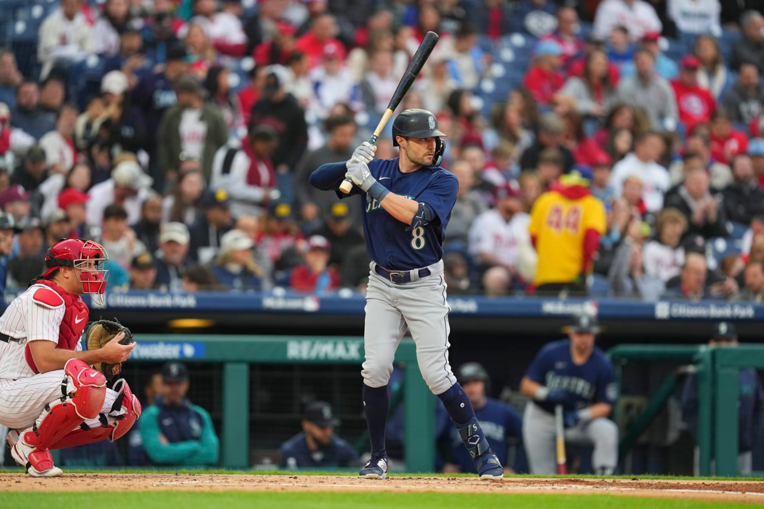 PHILADELPHIA, PA - APRIL 25: AJ Pollock #8 of the Seattle Mariners bats against the Philadelphia Phillies at Citizens Bank Park on April 25, 2023 in Philadelphia, Pennsylvania. (Photo by Mitchell Leff/Getty Images)