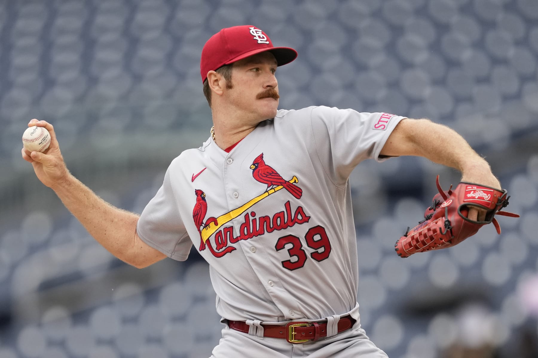 WASHINGTON, DC - JUNE 21:  Miles Mikolas #39 of the St. Louis Cardinals pitches in the first inning during a baseball game against the Washington Nationals at Nationals Park on June 21, 2023 in Washington, DC.  (Photo by Mitchell Layton/Getty Images)