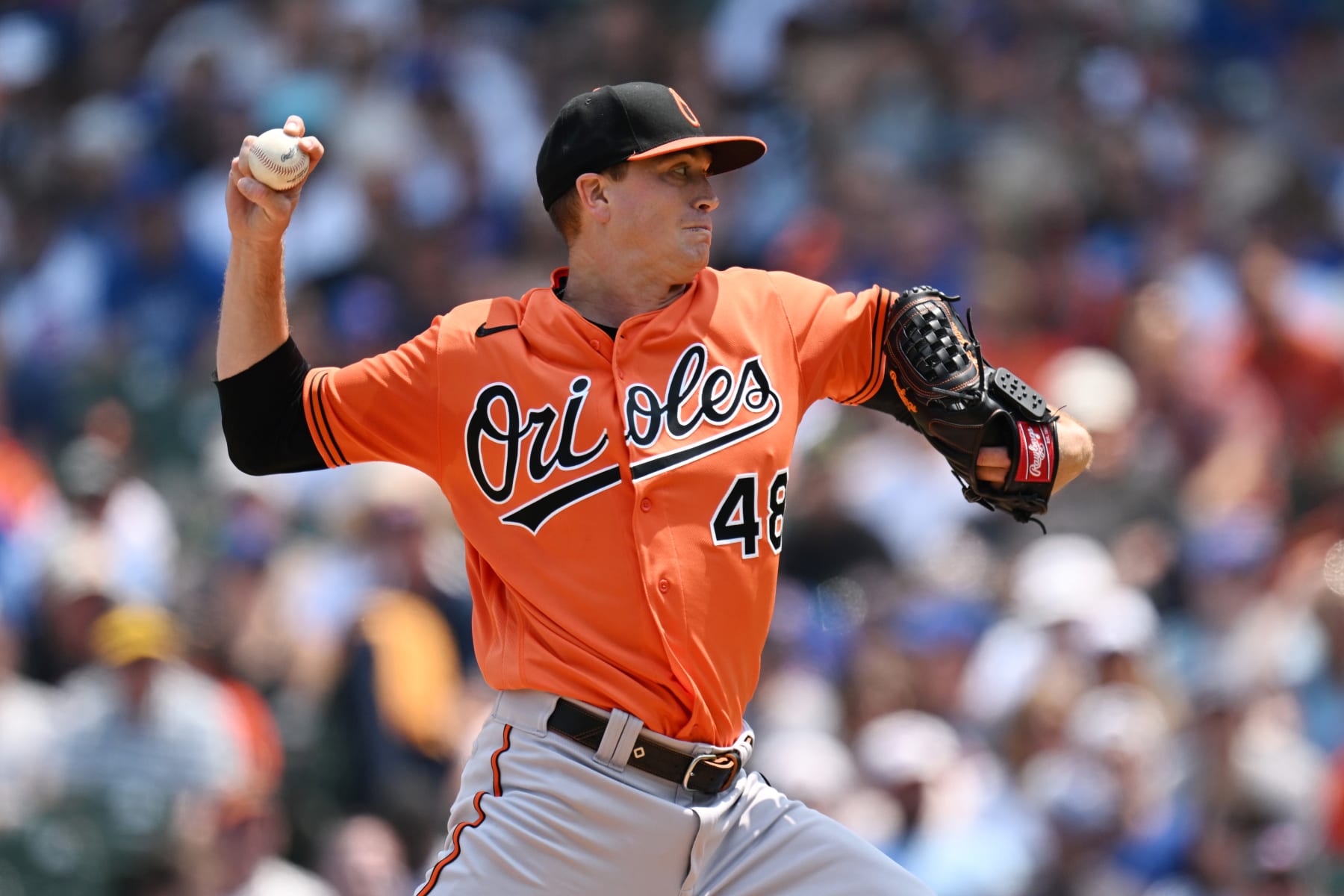 CHICAGO, ILLINOIS - JUNE 17: Kyle Gibson #48 of the Baltimore Orioles pitches in the first inning against the Chicago Cubs at Wrigley Field on June 17, 2023 in Chicago, Illinois. (Photo by Quinn Harris/Getty Images)