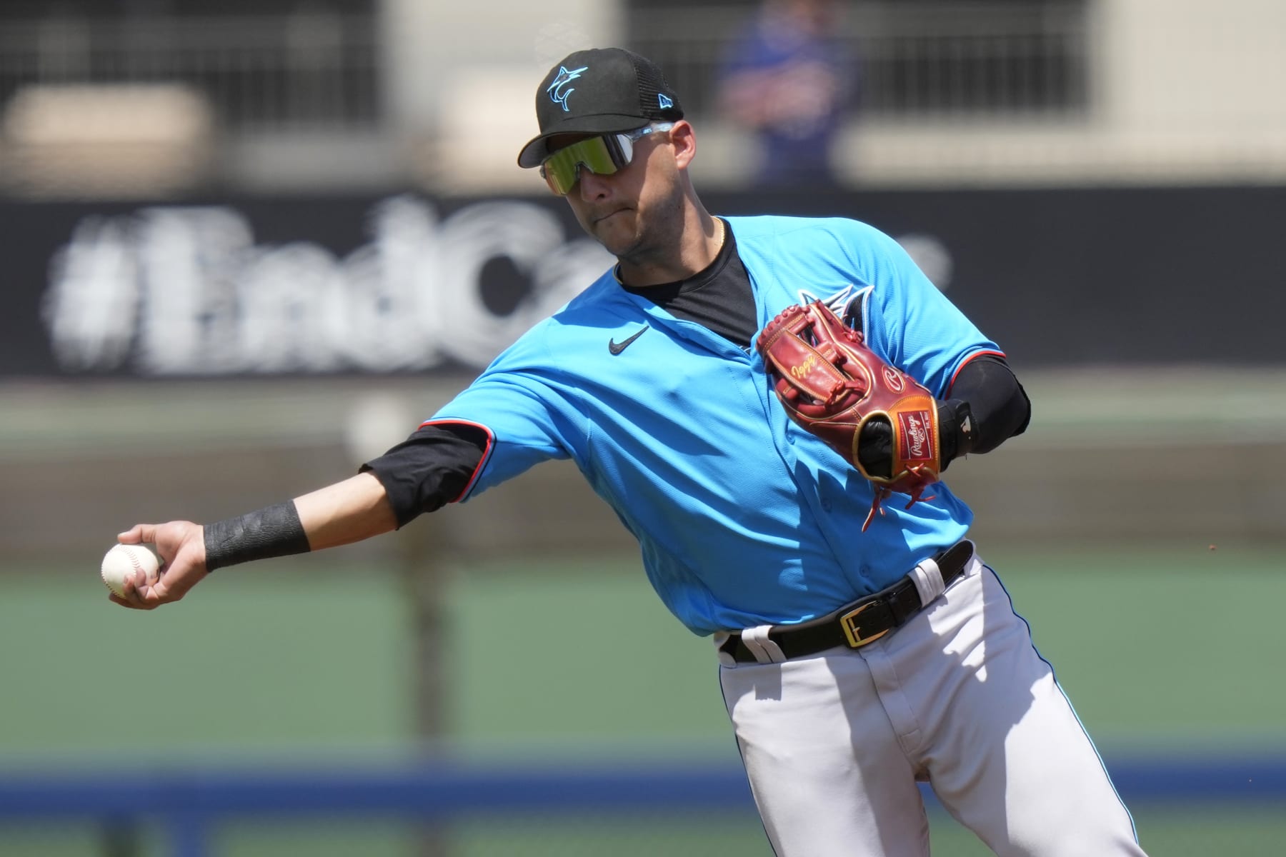 Miami Marlins shortstop Jose Iglesias throws to first during a spring training baseball game against the Washington Nationals, Saturday, March 18, 2023, in West Palm Beach, Fla. (AP Photo/Lynne Sladky)